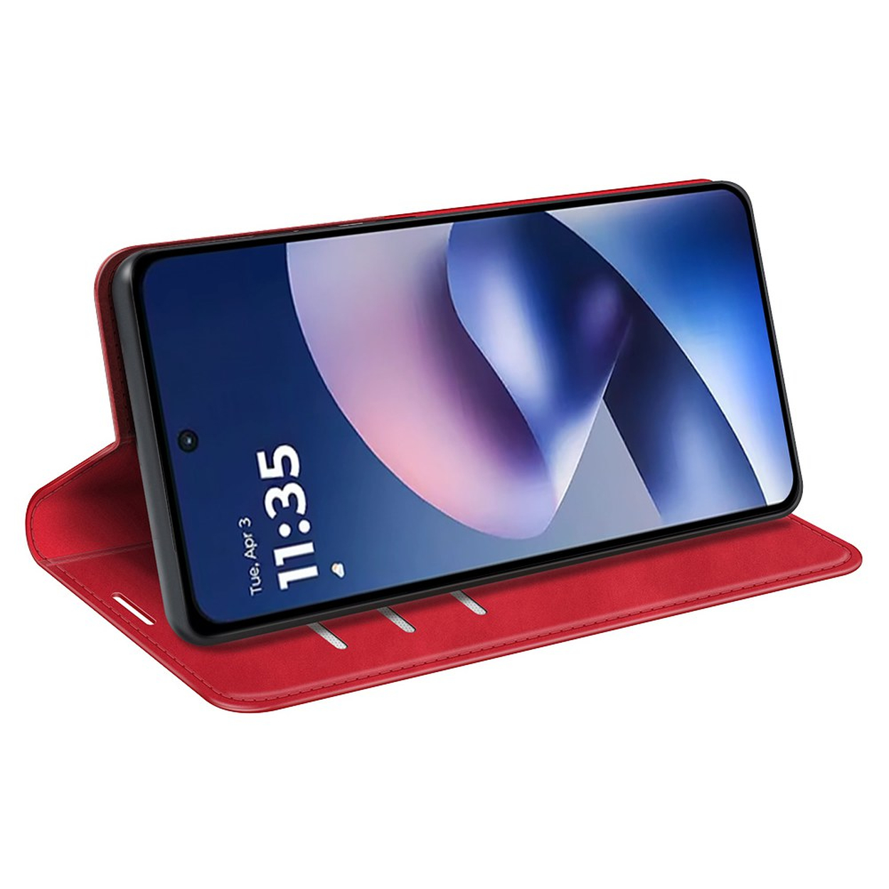 Een smartphone in rode lederen portemonneehoes met standfunctie op wit.