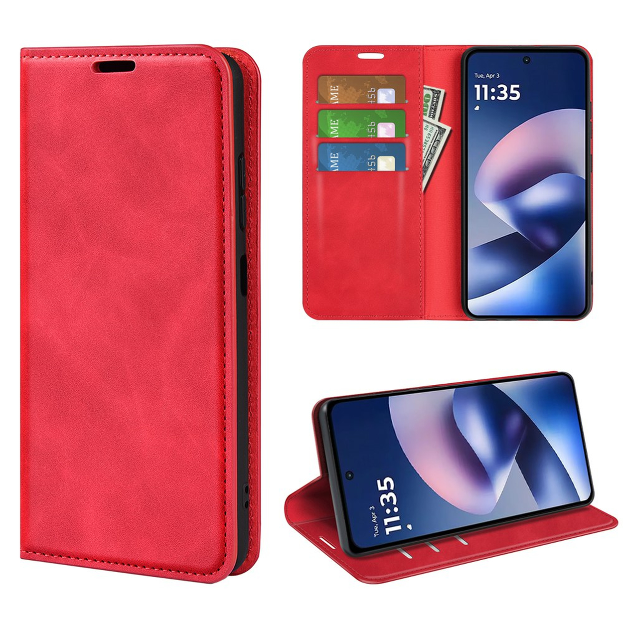 Rode leren telefoonhoes met kaartsleuven en een ingebouwde standaard.