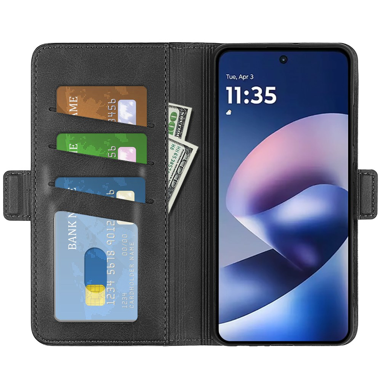 Een zwart leren telefoonhoesje bevat gekleurde creditcards en bankbiljetten naast een smartphone.