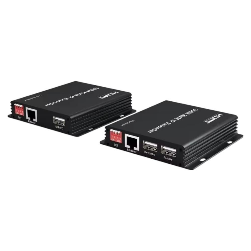 Beyaz arka planda portları ve etiketleri olan iki siyah HDMI KVM IP uzatıcı ünitesi.