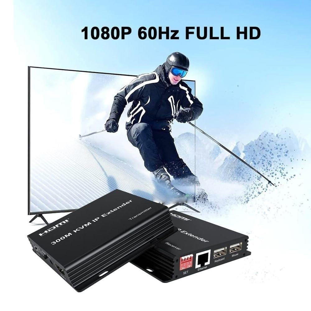 Ön planda iki HDMI KVM uzatıcı kutusu ve Full HD yazılı bir TV ekranının önünde bir kayakçı.