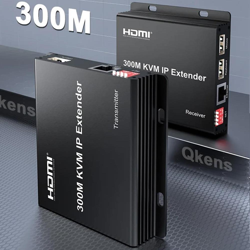 Dokulu bir yüzey üzerinde HDMI logolu iki adet siyah Qkens 300M KVM IP uzatıcı ünitesi.