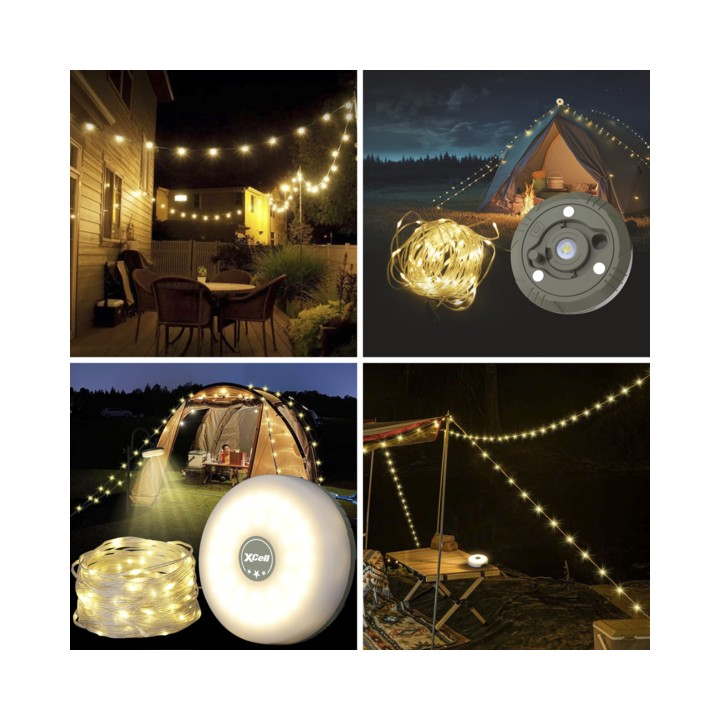 Collage von Camping-Lichterketten und tragbaren Lampen im Einsatz und als Produktbilder bei Nacht.