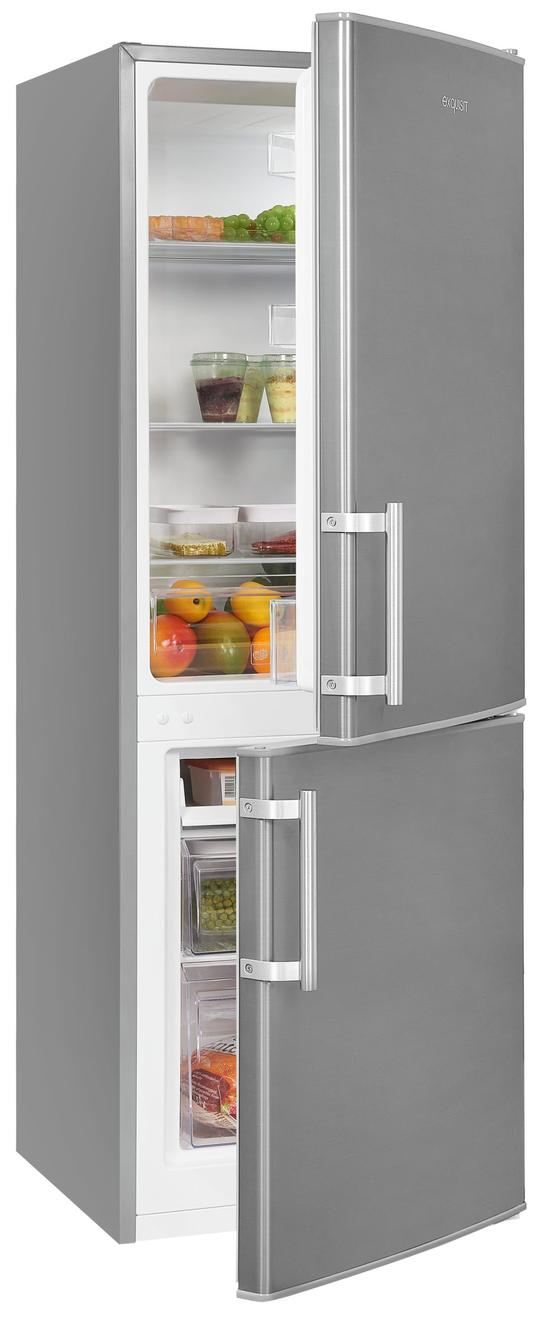 Ein silberner Kühlschrank mit geöffneten Türen, gefüllt mit Obst, Gemüse und Lebensmitteln in den Fächern.