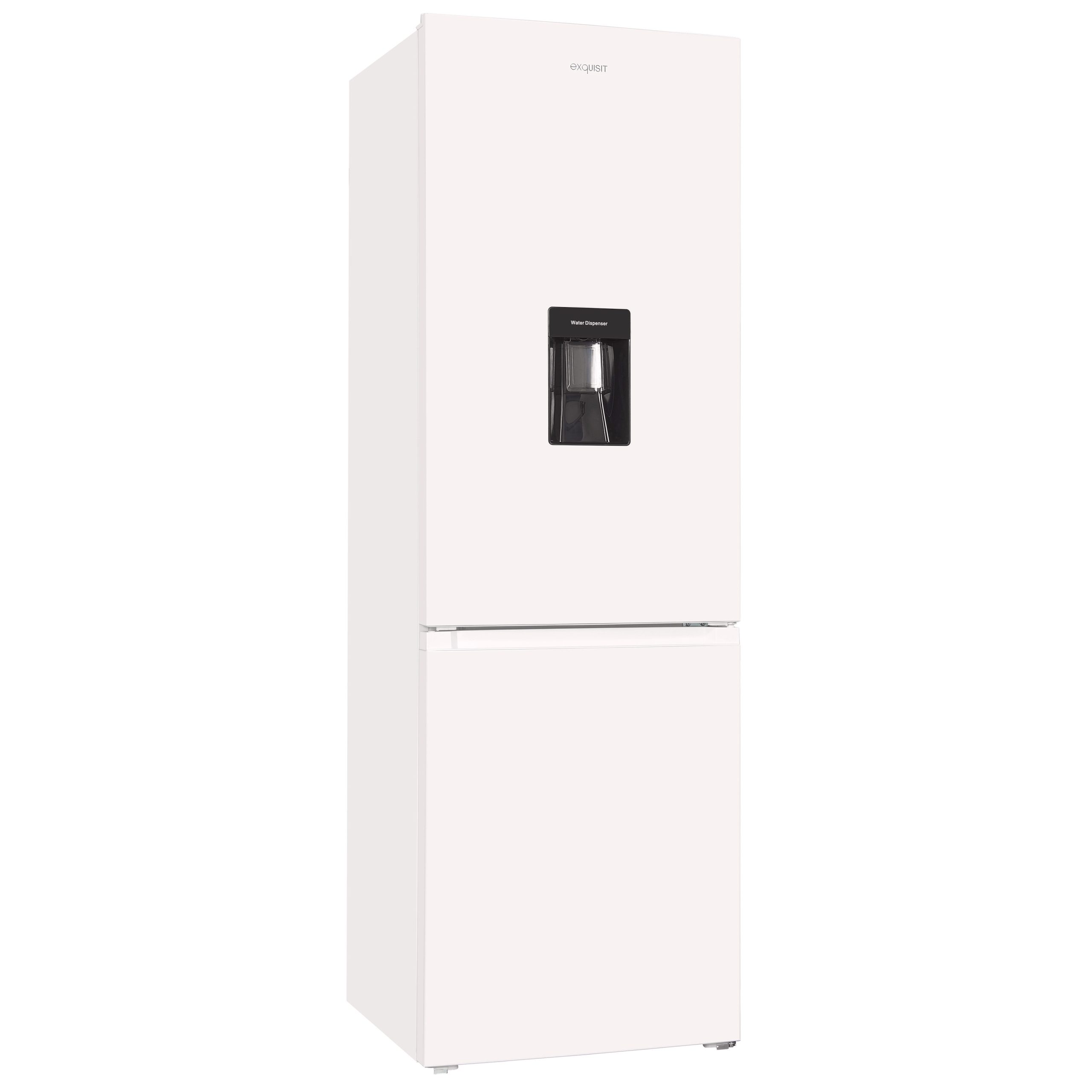 Ein weißer Exquisit-Kühlschrank mit integriertem Wasserspenders.