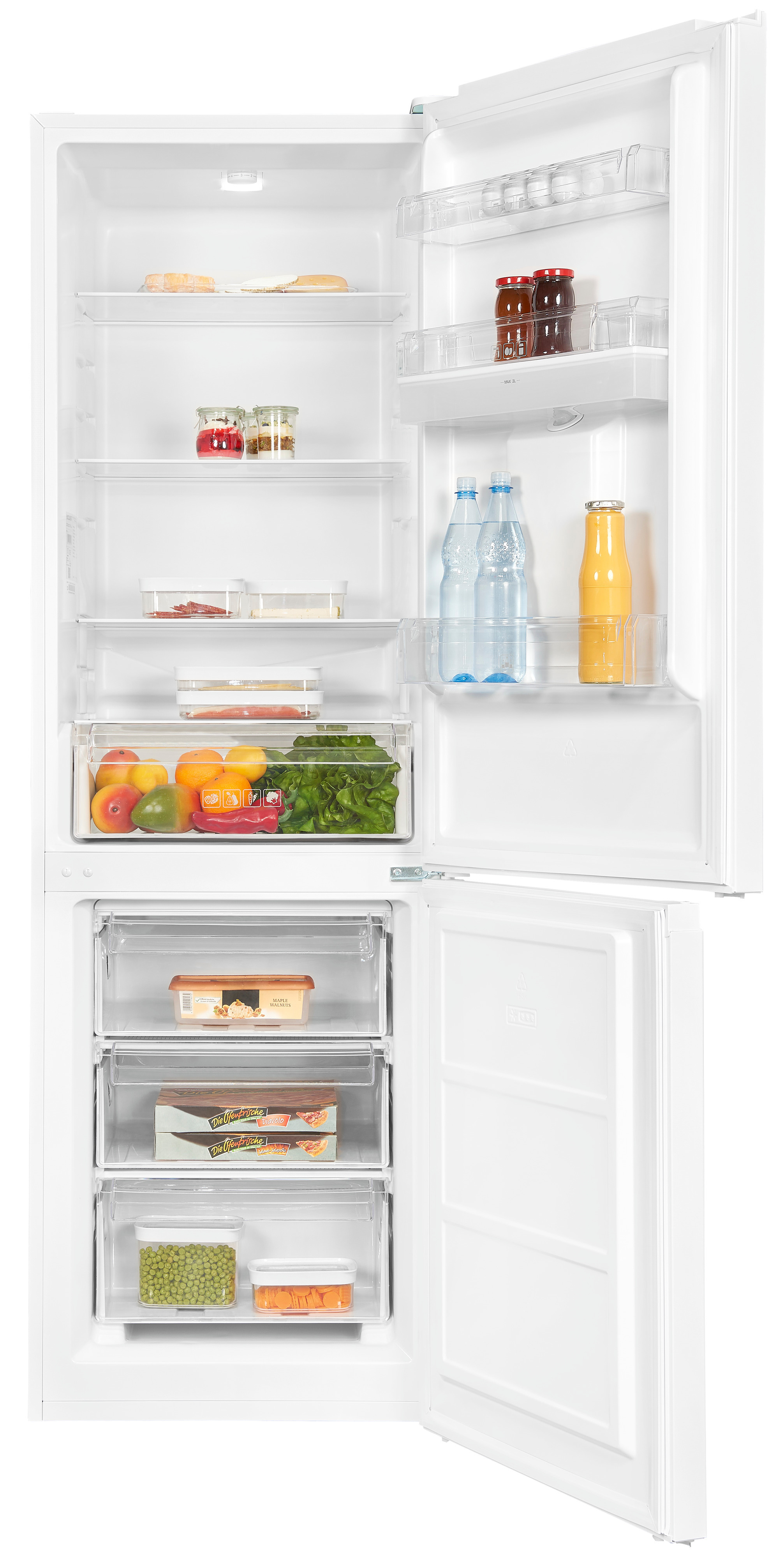 Ein offener weißer Kühlschrank mit Getränken, Obst, Gemüse und Tiefkühlkost.