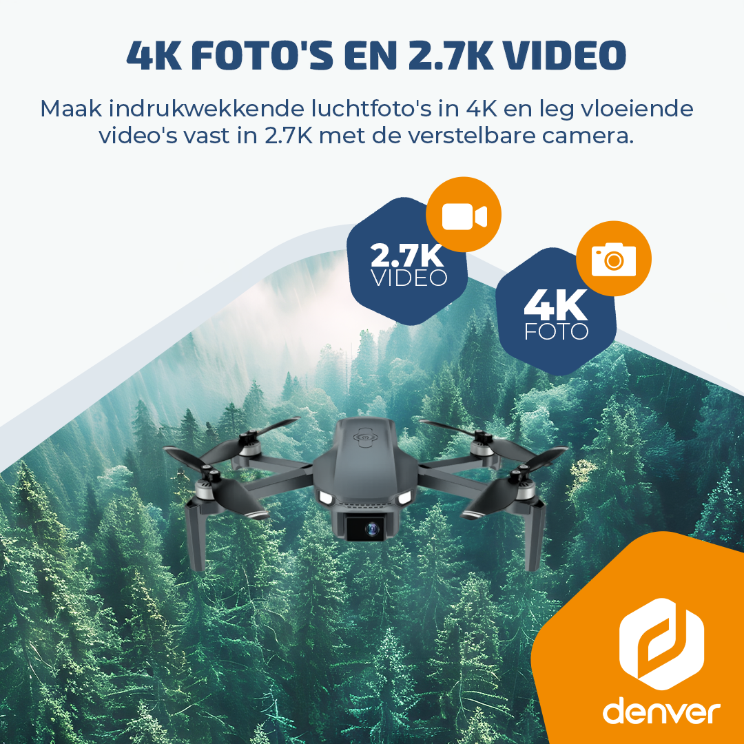 Un drone gris au-dessus d'une forêt verte avec des icônes photo 4K et vidéo 2.7K.