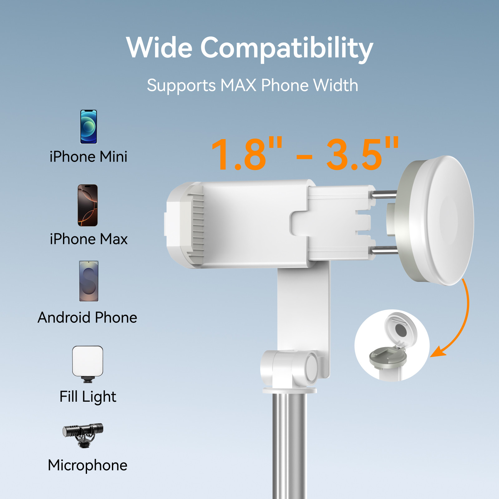Le diagramme montre la large compatibilité d'un support de smartphone blanc pour divers téléphones et accessoires.