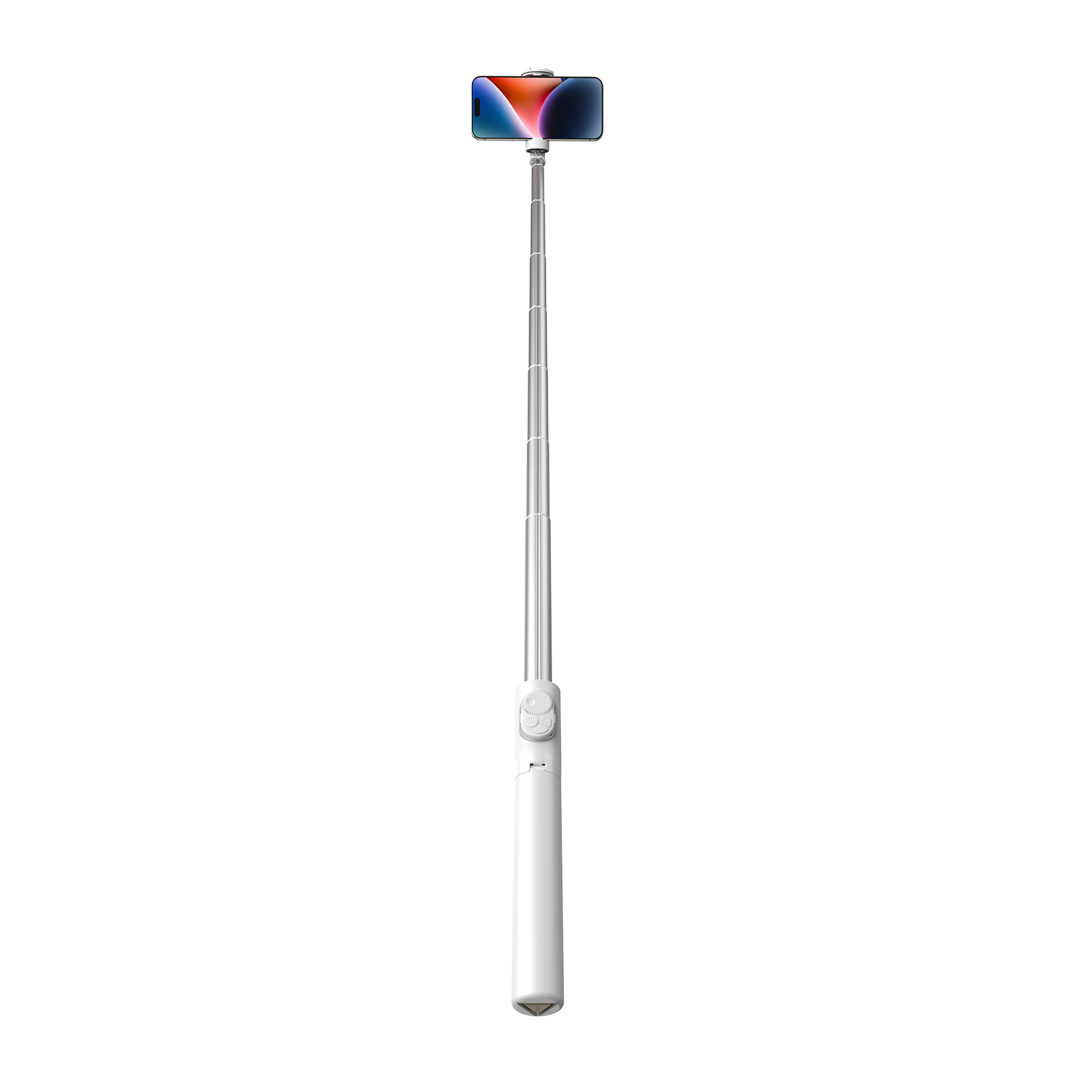 Une perche à selfie blanche et extensible avec un smartphone monté sur le dessus, sur fond blanc.