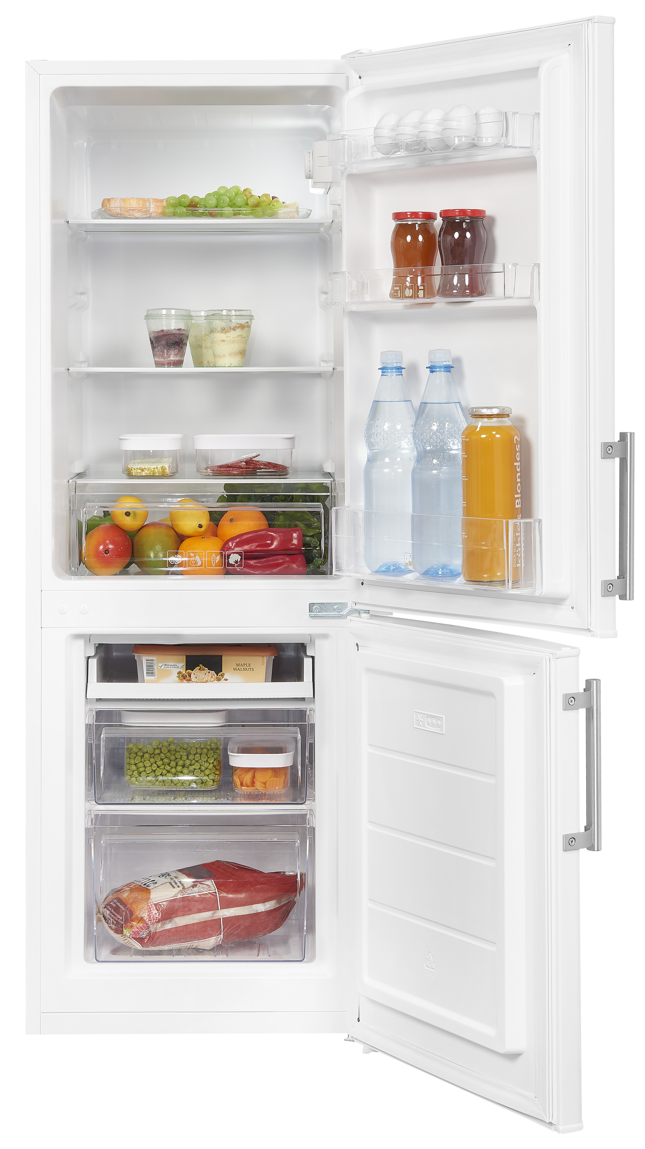 Ein offener weißer Kühlschrank mit frischem Obst, Gemüse, Getränken und verpackten Lebensmitteln.