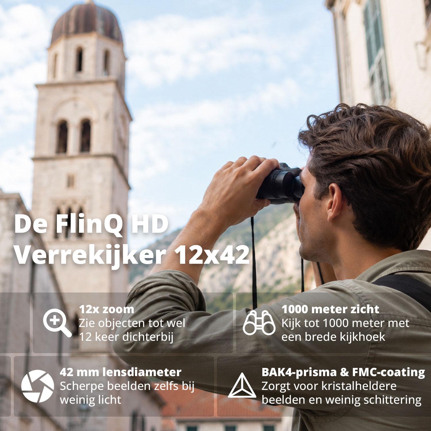 A man uses binoculars outdoors, with text overlays detailing features like 12x zoom and a 42 mm lens diameter.