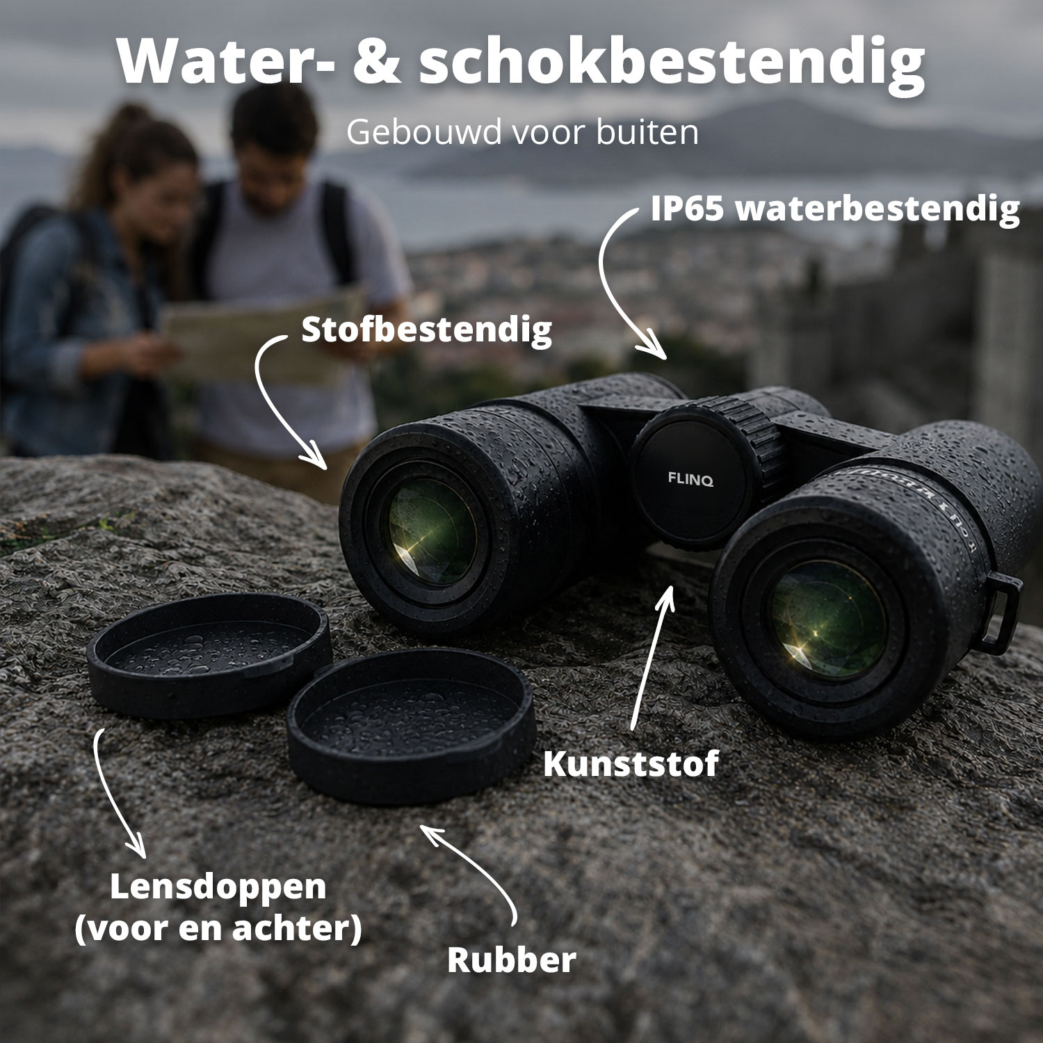 Waterproof, shockproof binoculars on a rock with removed lens caps, with blurred hikers in the background.