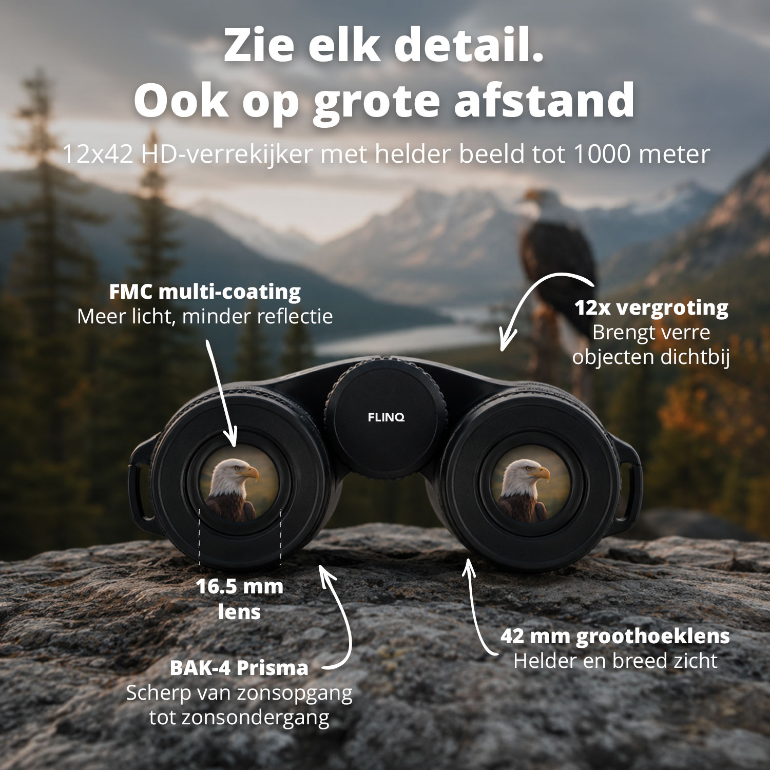 Binoculars on a rock with text overlays and an eagle visible in the lenses.