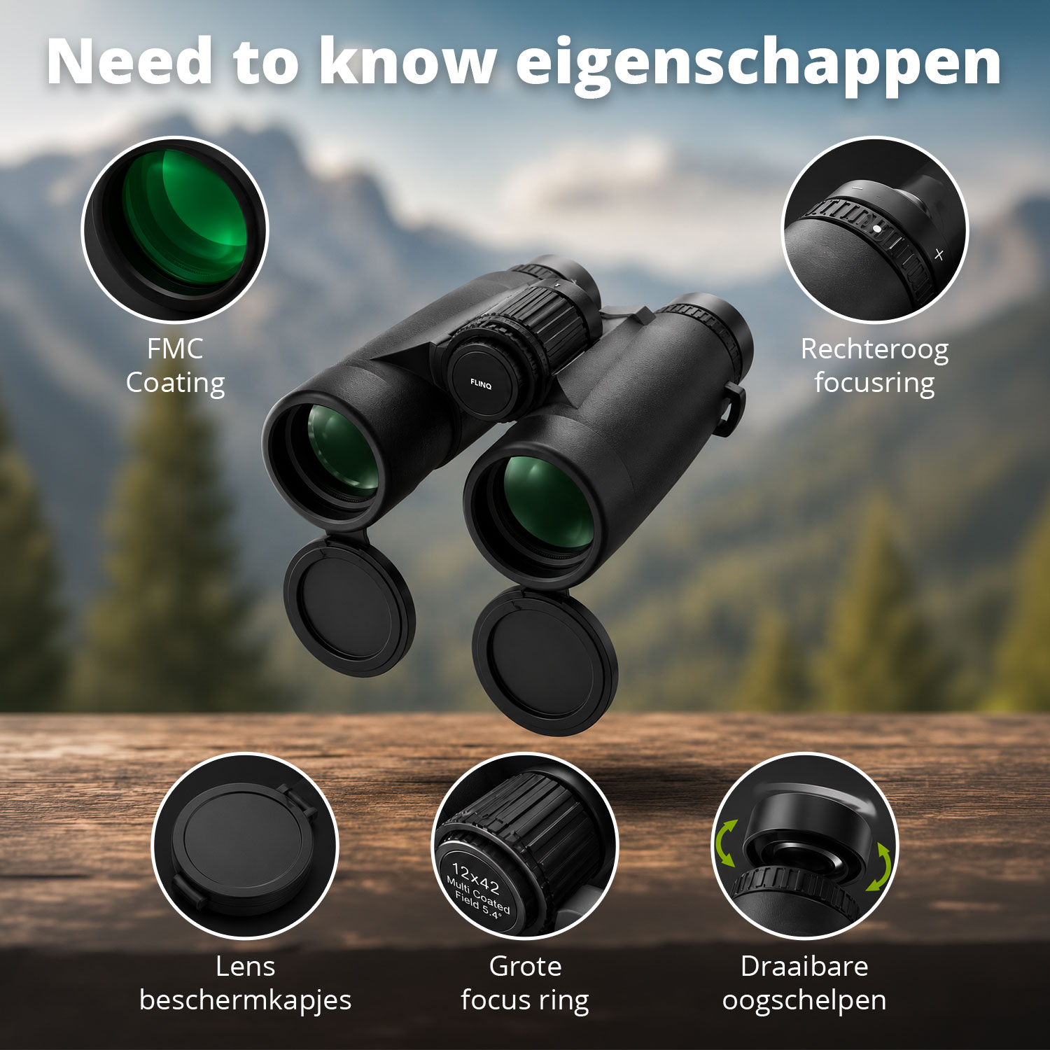 Black binoculars with features like FMC coating and focus ring, displayed against a mountain background.