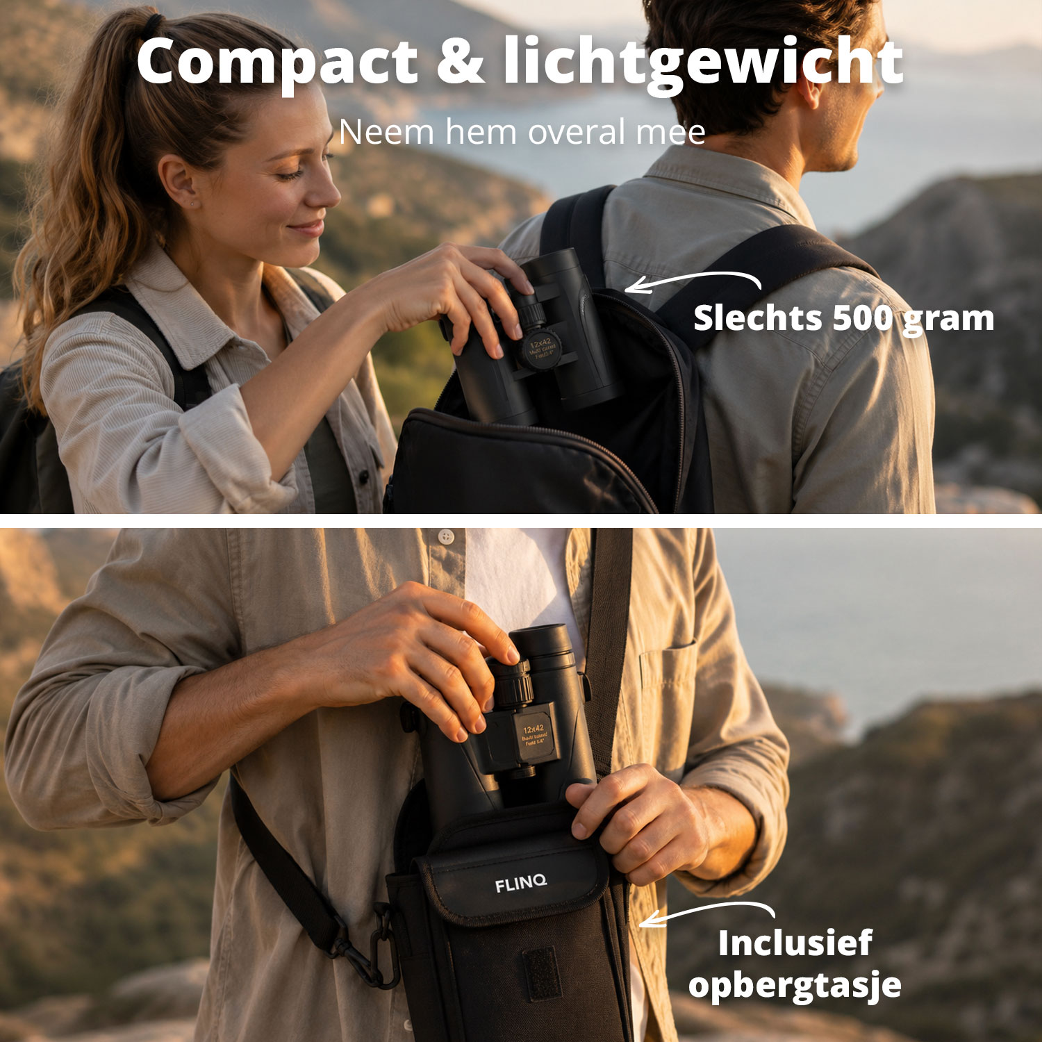 Hikers pack a compact 500g pair of binoculars into a backpack with case against a mountain backdrop.