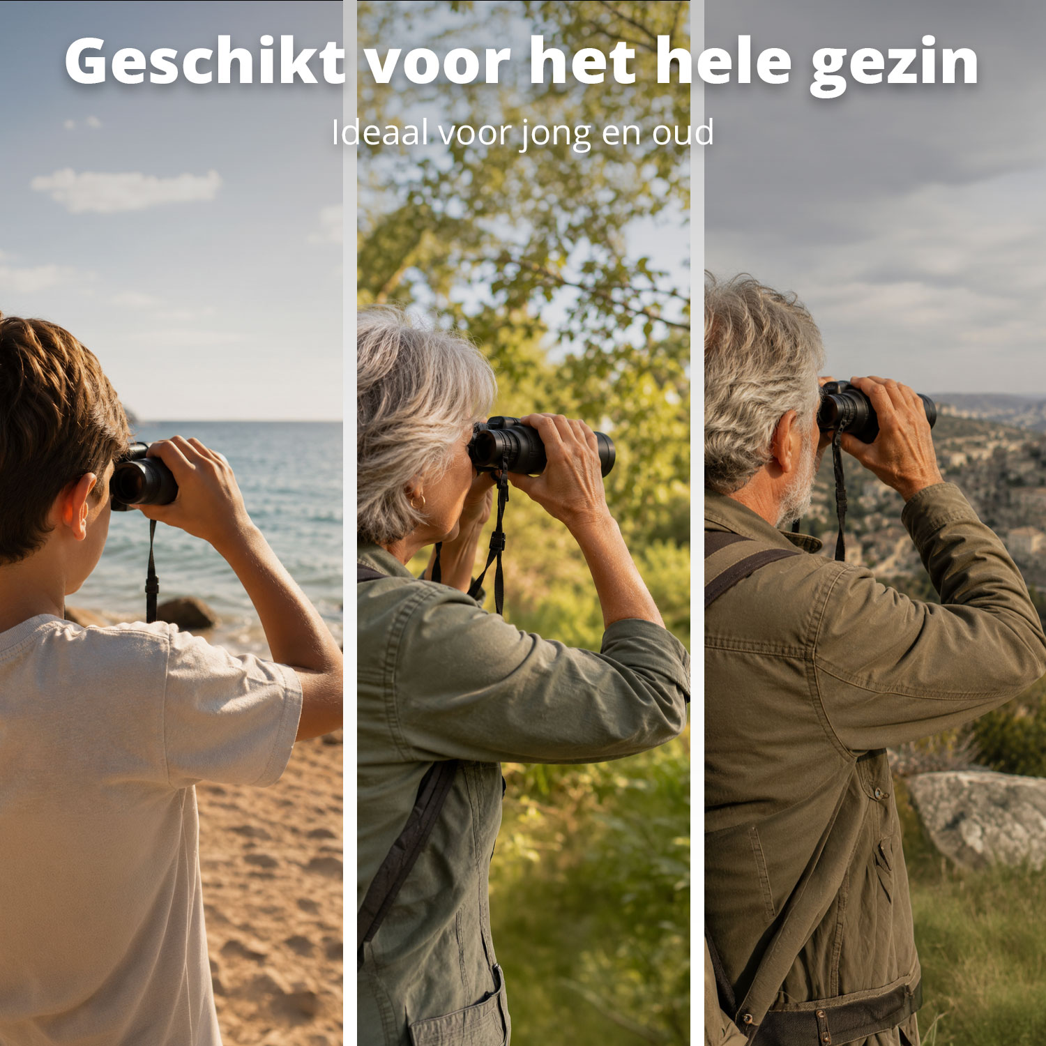 Three people look through binoculars in different locations, with text above.