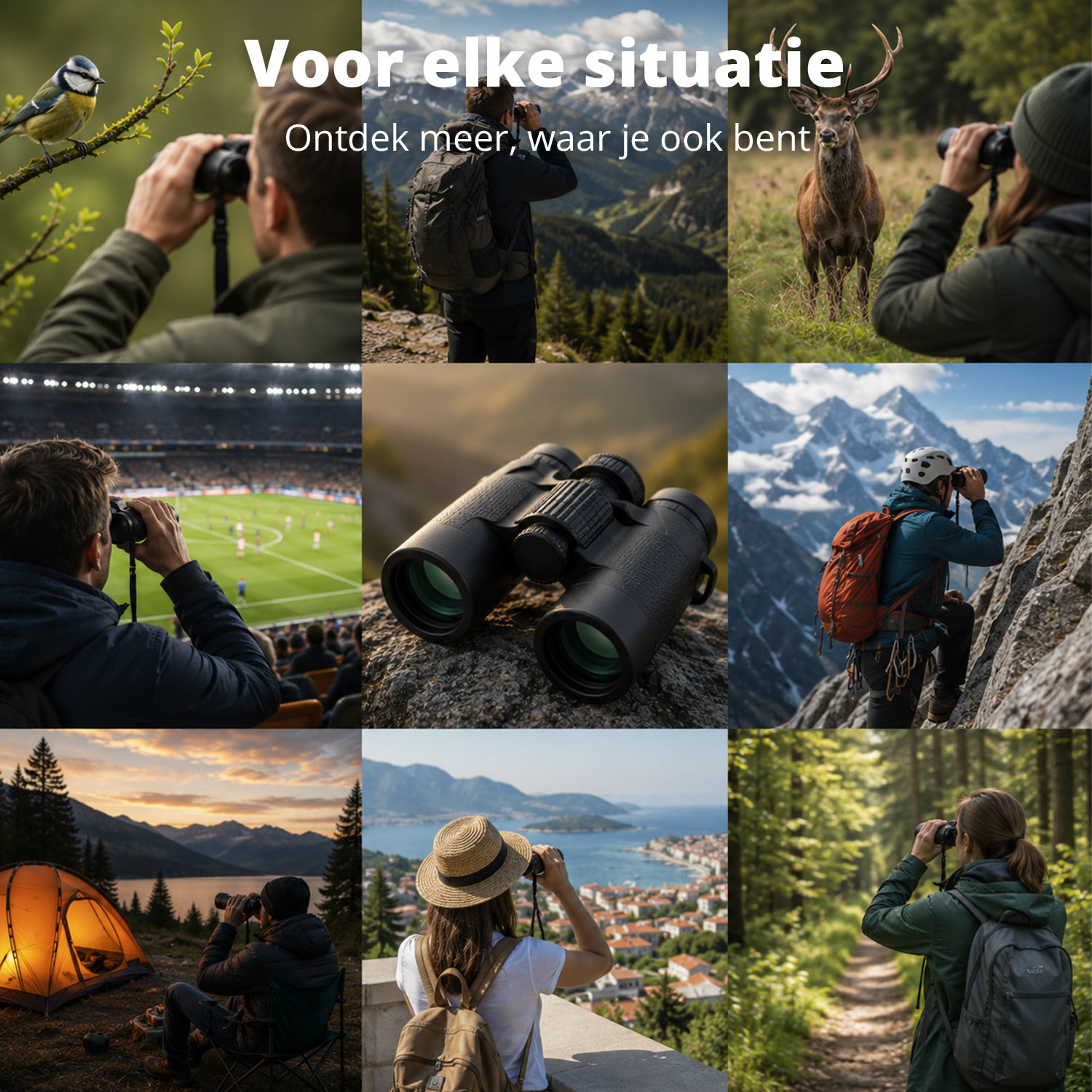 A collage showing people using binoculars in various outdoor settings like mountains, stadiums, and forests, with Dutch text.