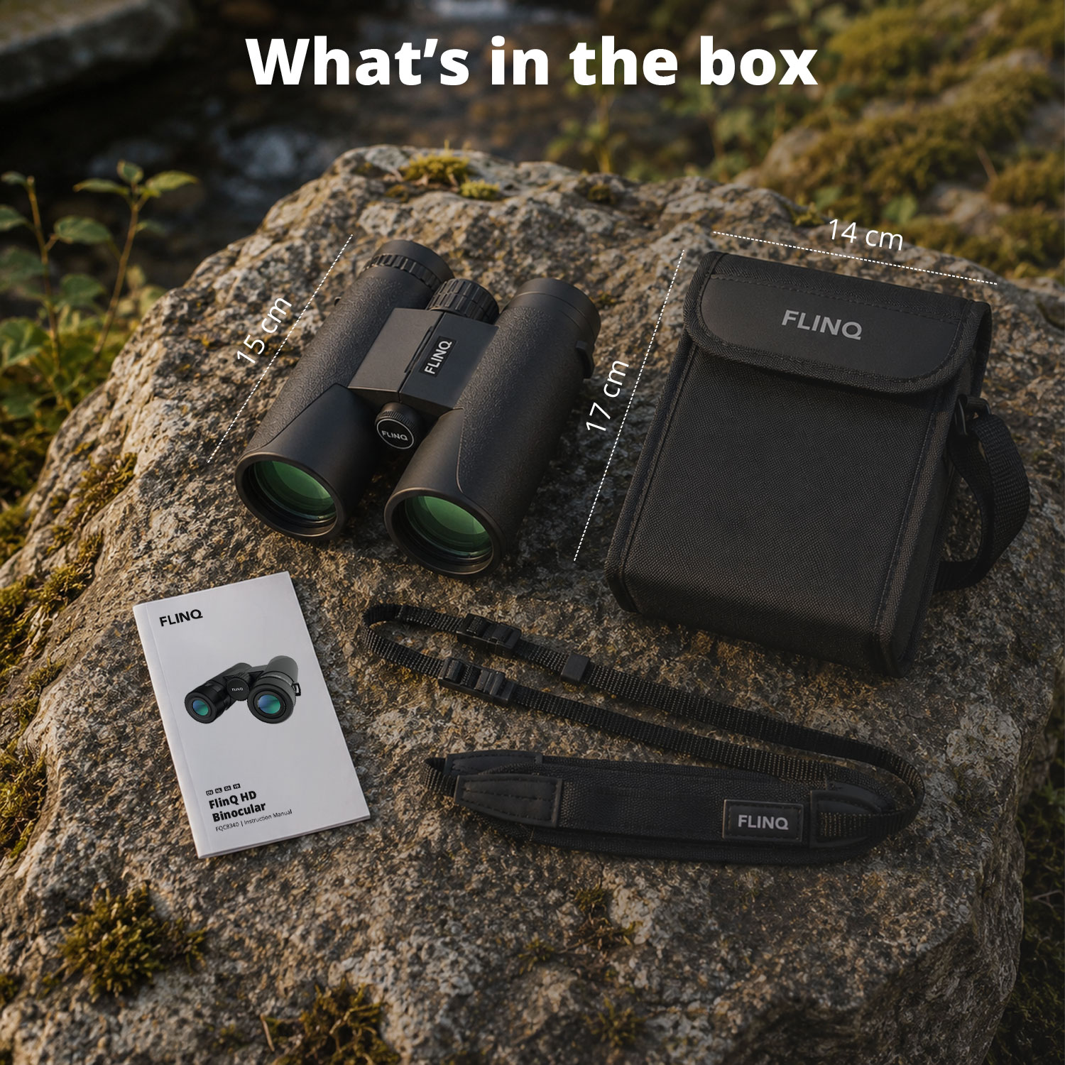 FLINQ binoculars with case, strap, and manual on a rocky surface.