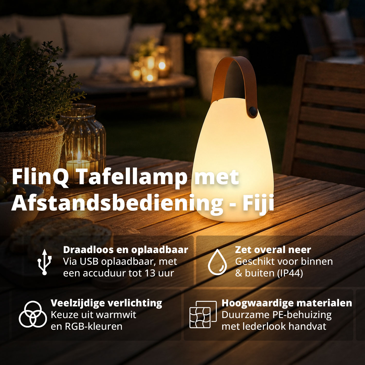 Draagbare witte LED tafellamp met lederlook handvat op houten tafel.