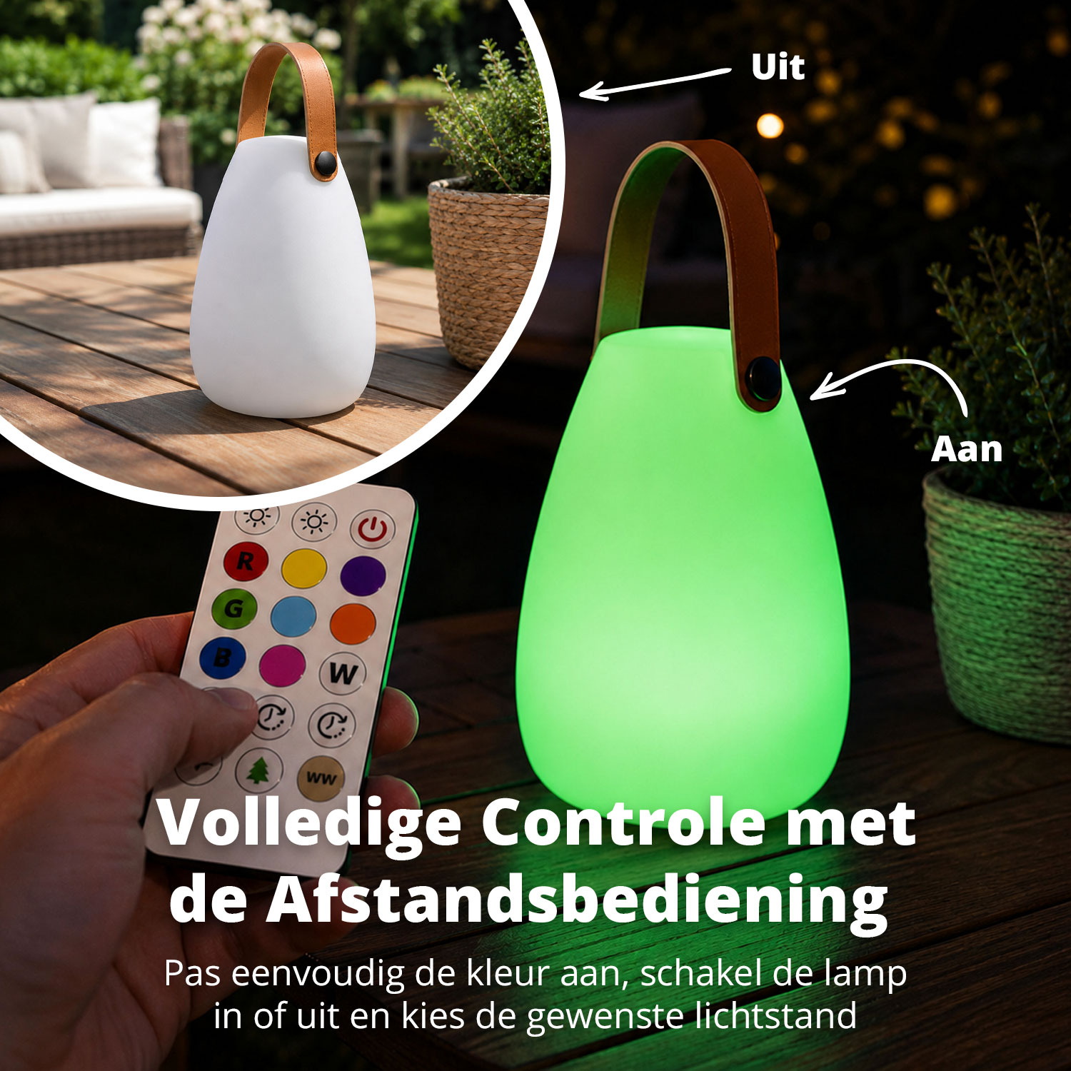 Een druppelvormige buitenlamp met bruine handgreep brandt groen op een houten tafel, bediend met afstandsbediening.
