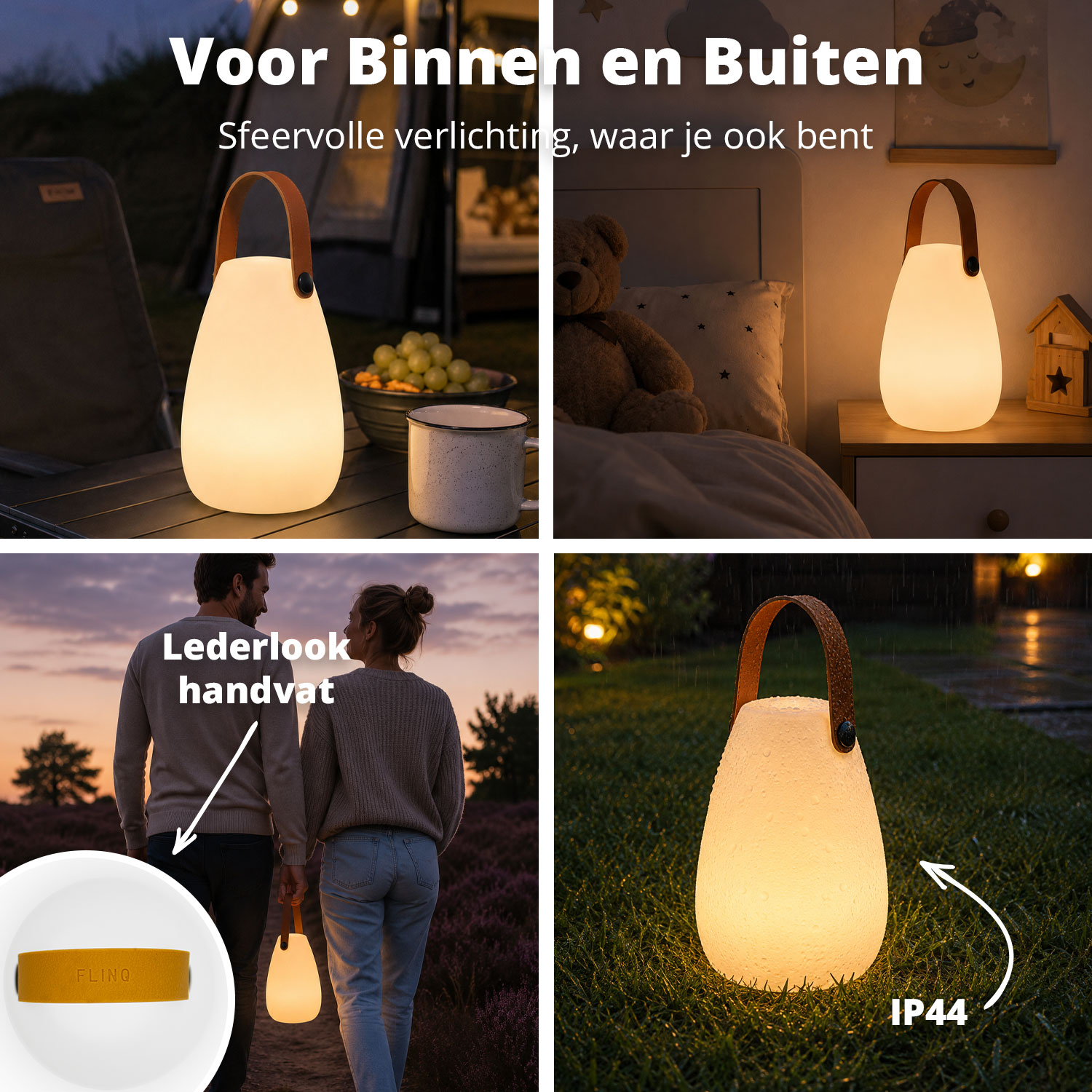 Draagbare LED-lamp met lederlook handvat voor binnen en buiten.