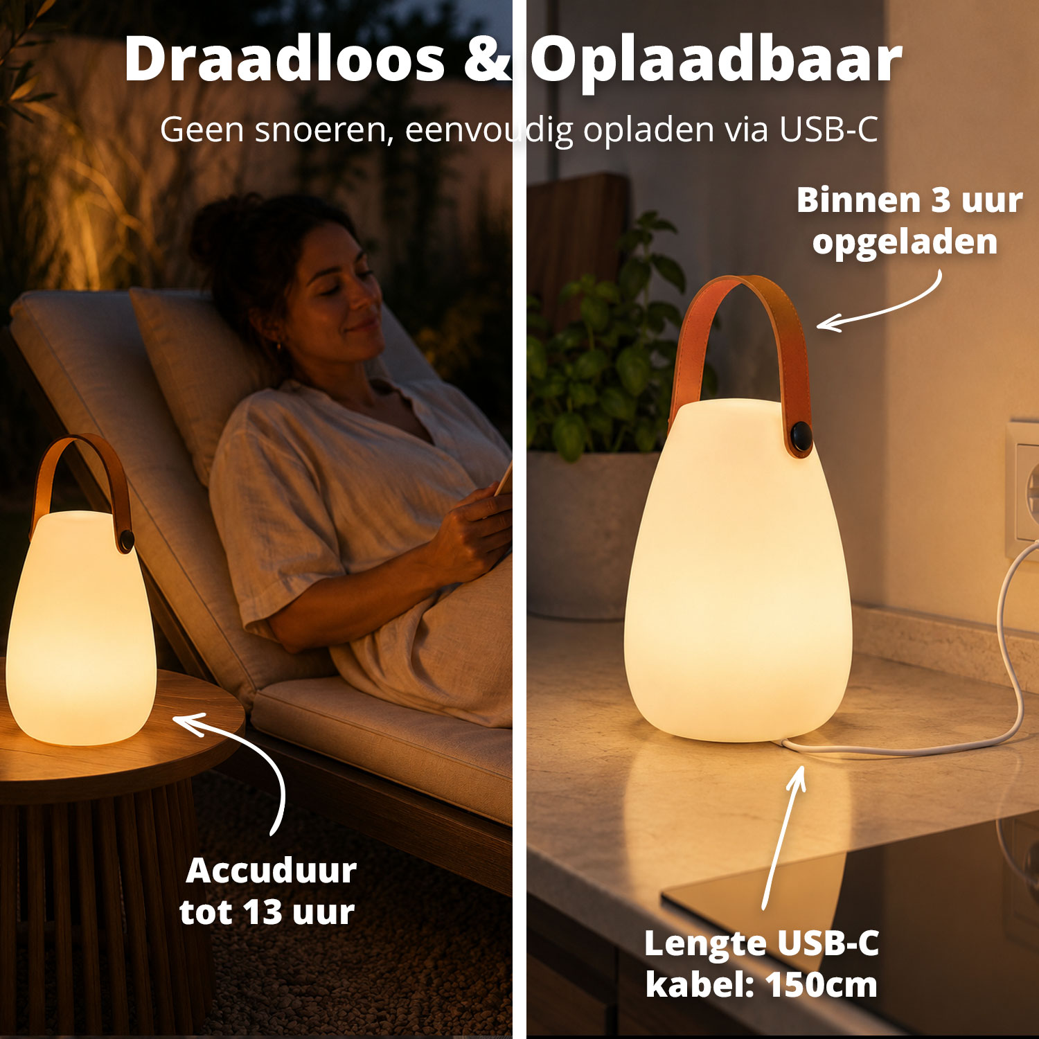 Draagbare witte lamp met lederen handvat op een tafel, die warm licht uitstraalt.