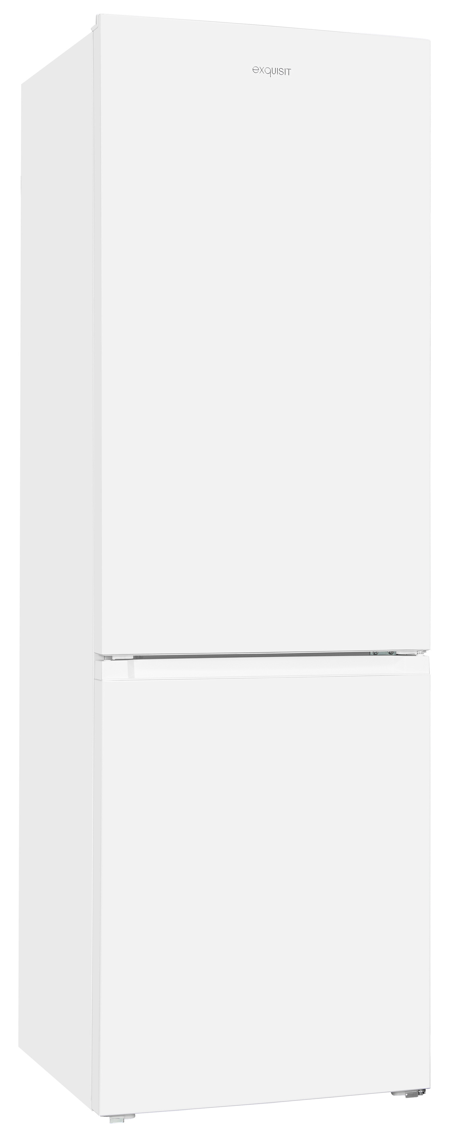 Ein weißer Exquisit-Kühlschrank mit Gefrierfach unten vor weißem Hintergrund.