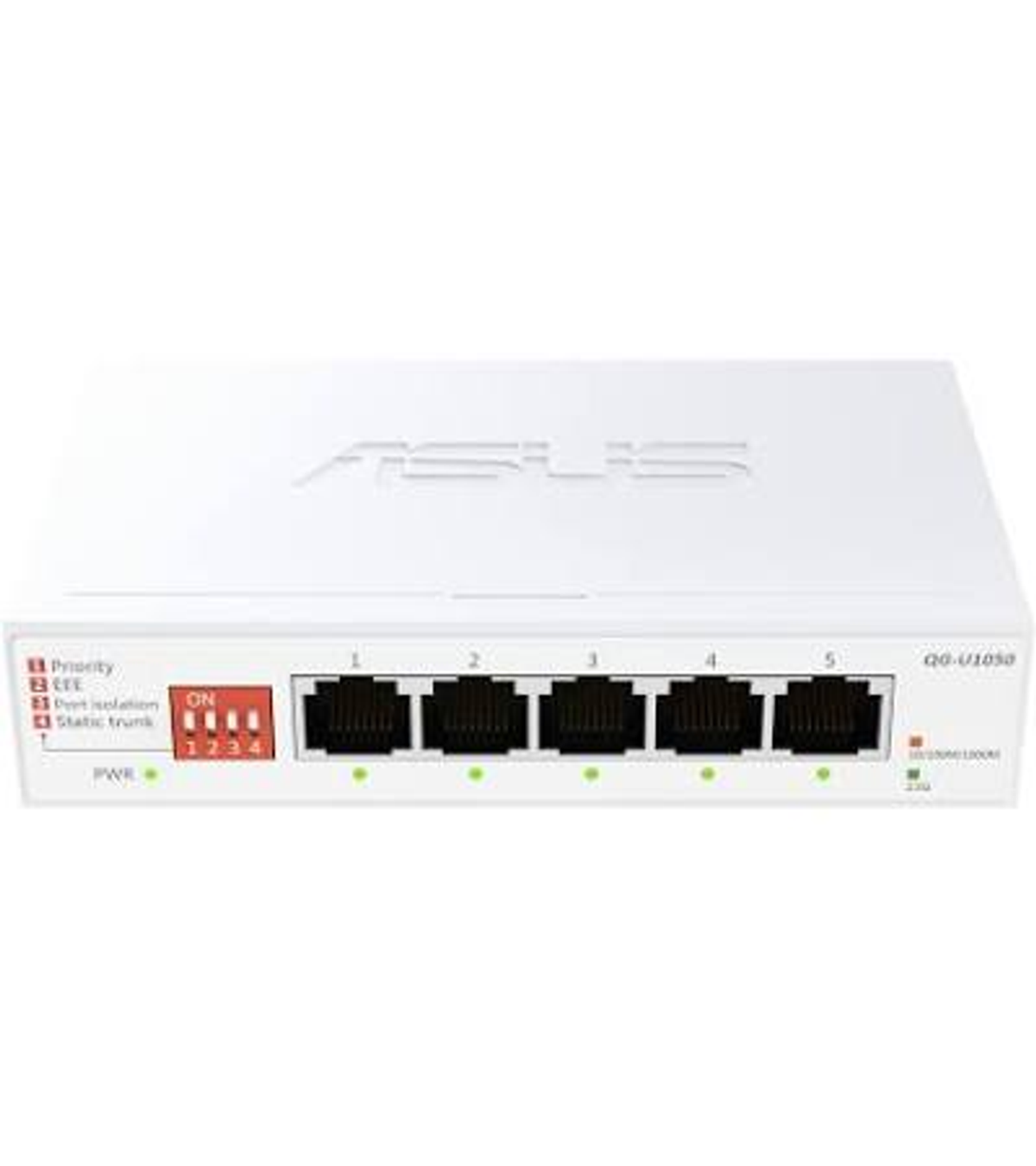 Uno switch di rete Asus bianco con cinque porte ethernet, spie di stato e un interruttore di configurazione.