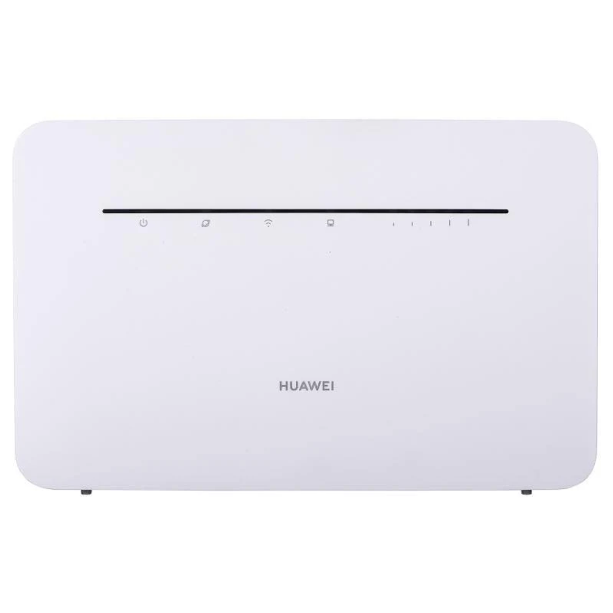 Un router Wi-Fi Huawei bianco con angoli arrotondati e spie di stato sulla parte anteriore su sfondo bianco.