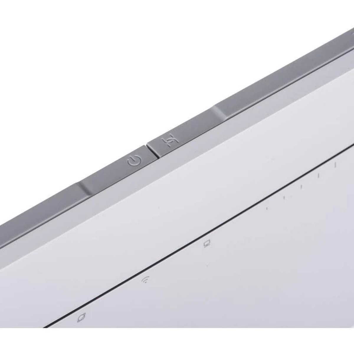 Primo piano dei pulsanti grigi di accensione e funzione su un dispositivo bianco.
