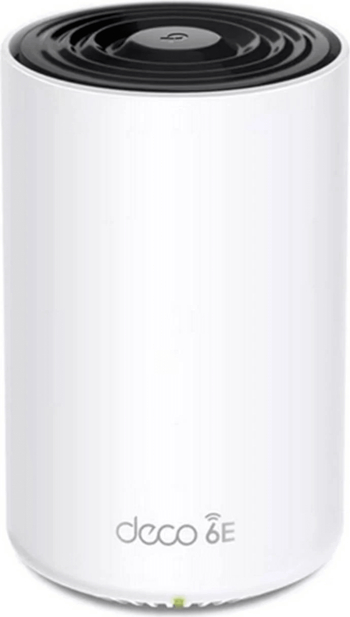 Ein weißer zylindrischer TP-Link Deco 6E WLAN-Router mit schwarzer Oberseite und kleiner grüner LED.
