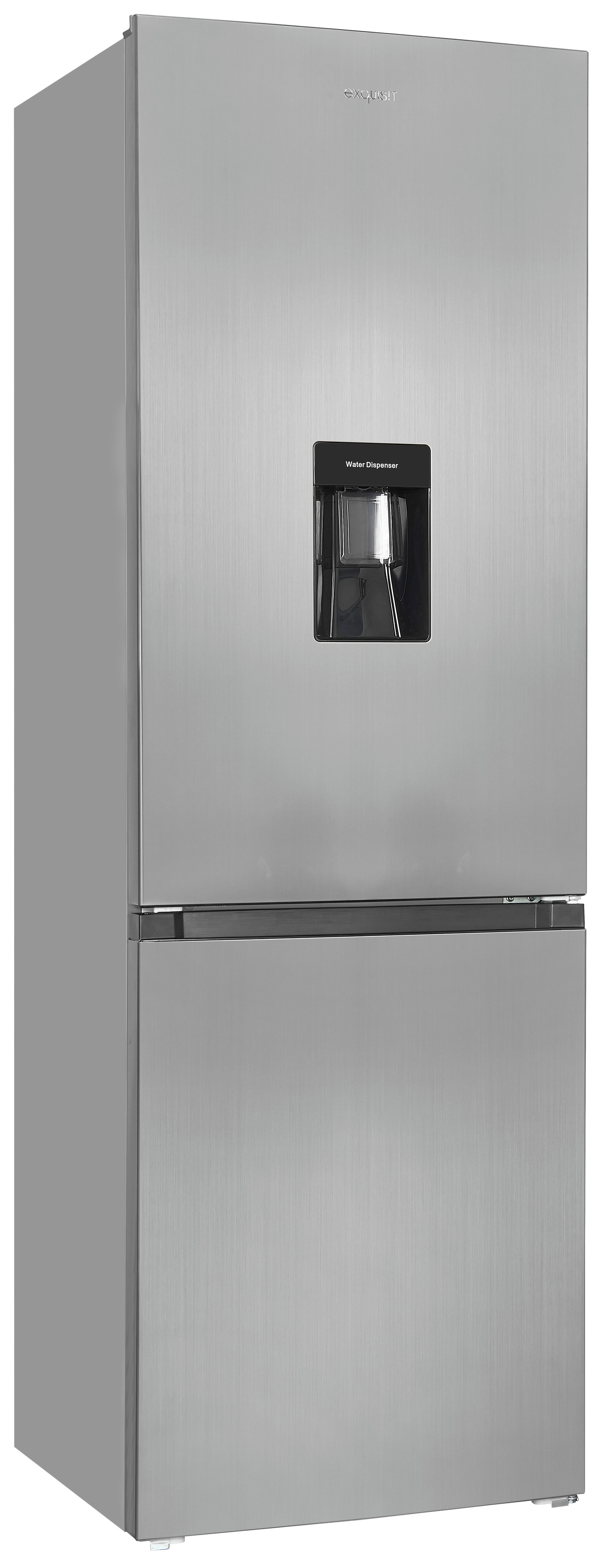 Ein moderner Edelstahlschrank mit integriertem Wasserspenders an der oberen Tür, freigestellt auf weißem Hintergrund.