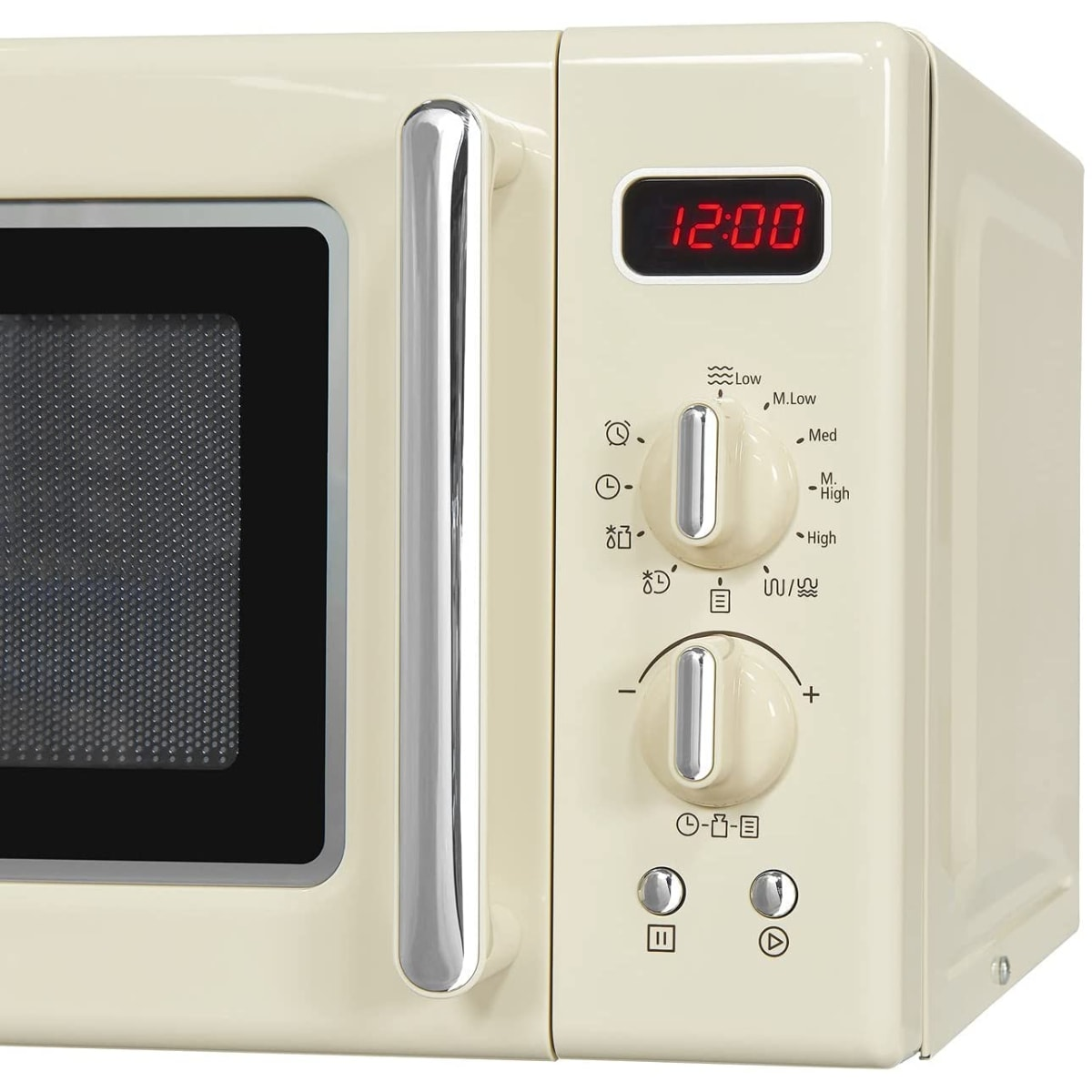Cremefarbene Mikrowelle im Retro-Stil mit roter LED-Anzeige, Chromgriffen und zwei Bedienknöpfen auf der rechten Seite.