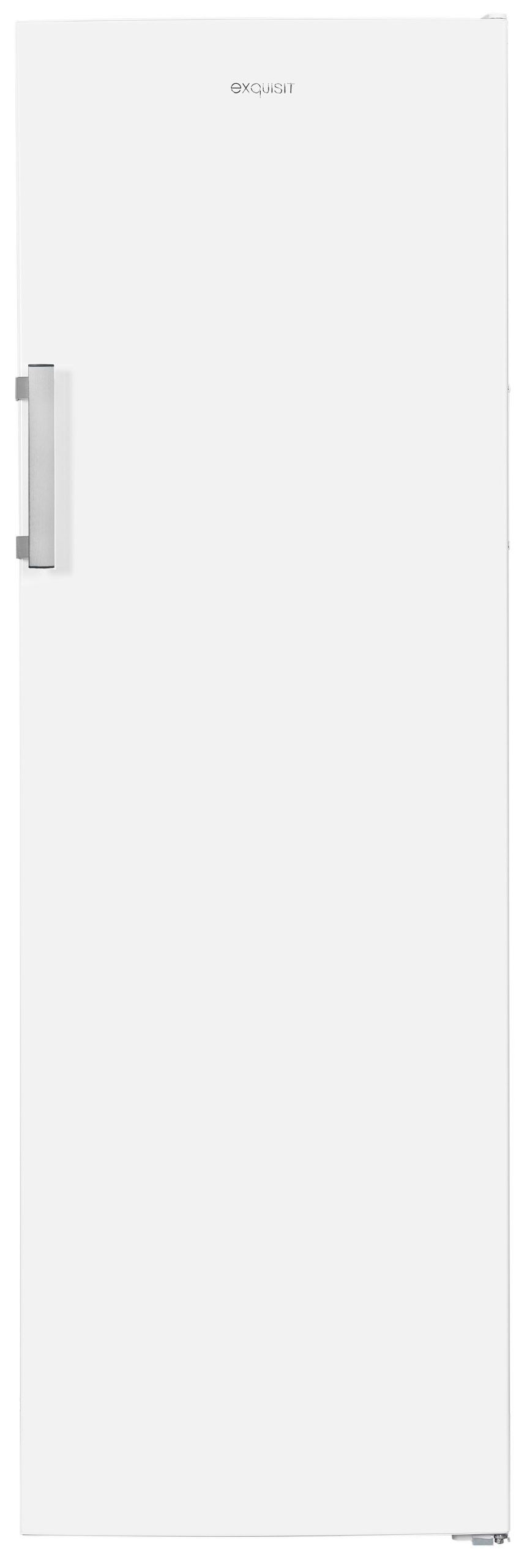 Ein hoher, weißer Gefrierschrank mit silbernem Griff und Exquisit-Logo vor weißem Hintergrund.