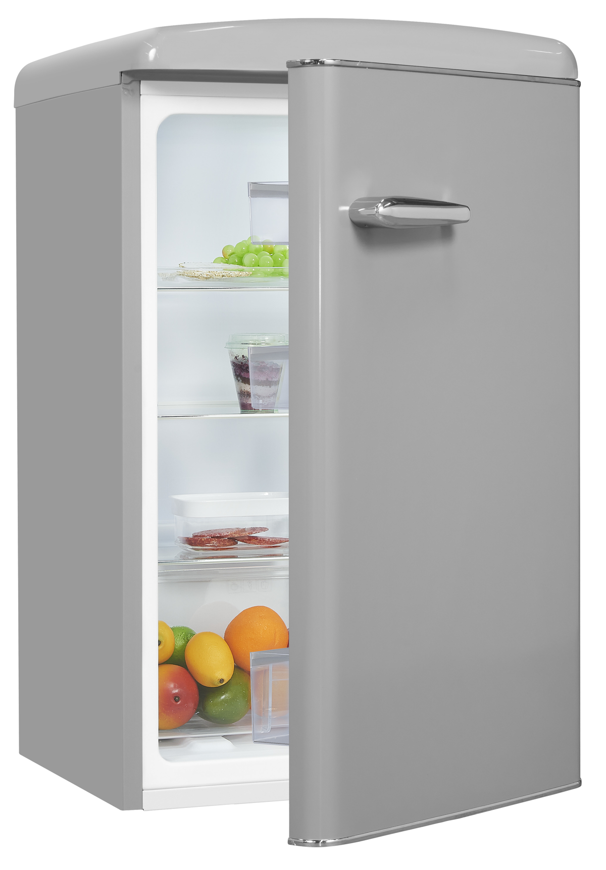Un refrigerador retro gris con la puerta abierta muestra estantes llenos de fruta y recipientes.