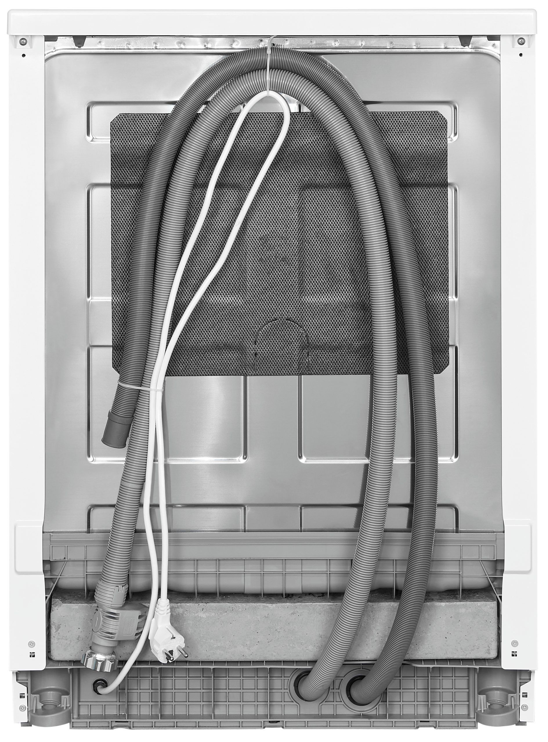 Rückseite einer Waschmaschine mit Schläuchen und Netzkabel.