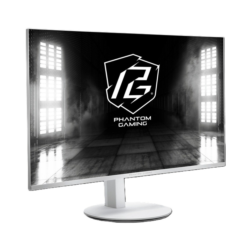 Biały monitor Phantom Gaming z czarnym tłem i logo na ekranie.