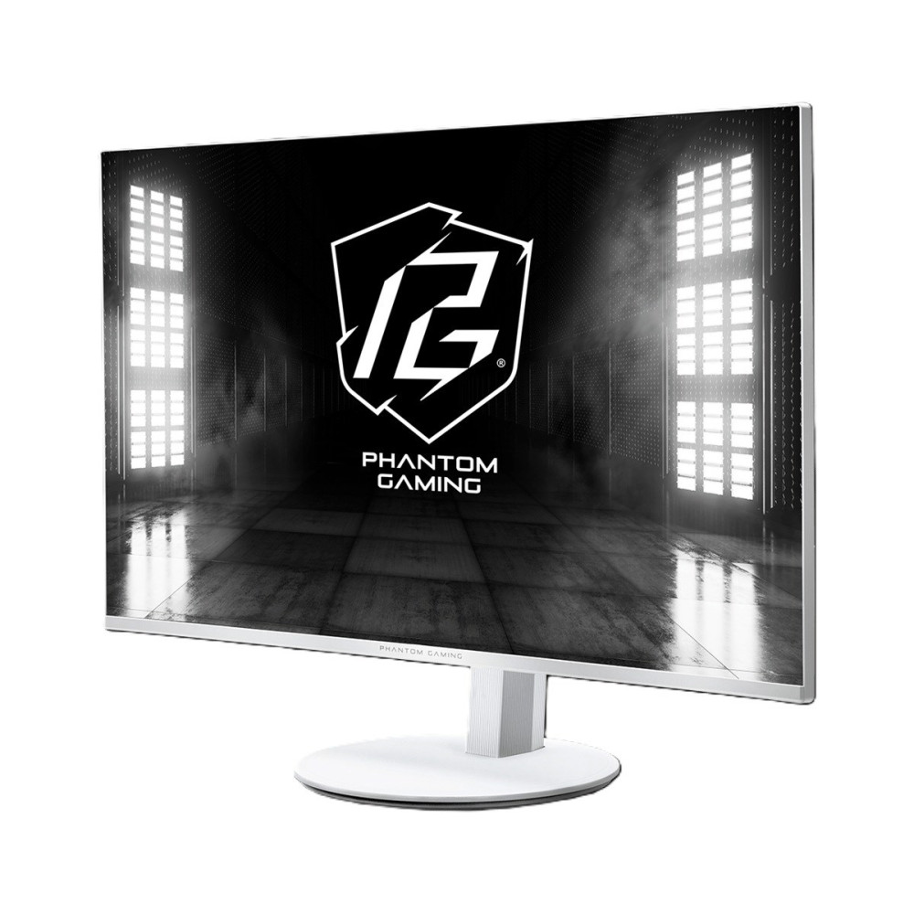 Biały monitor Phantom Gaming wyświetla logo na ekranie na ciemnym tle.