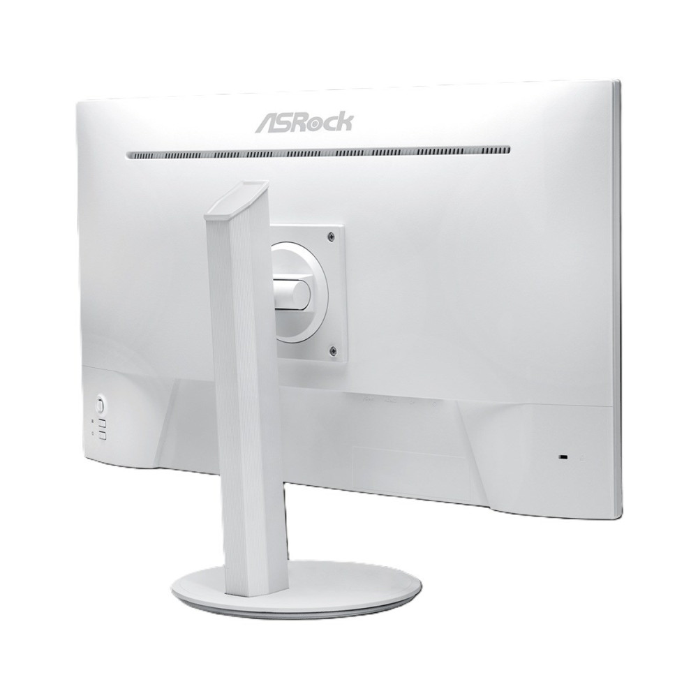 Widok z tyłu białego monitora komputerowego ASRock z podstawką na białym tle.
