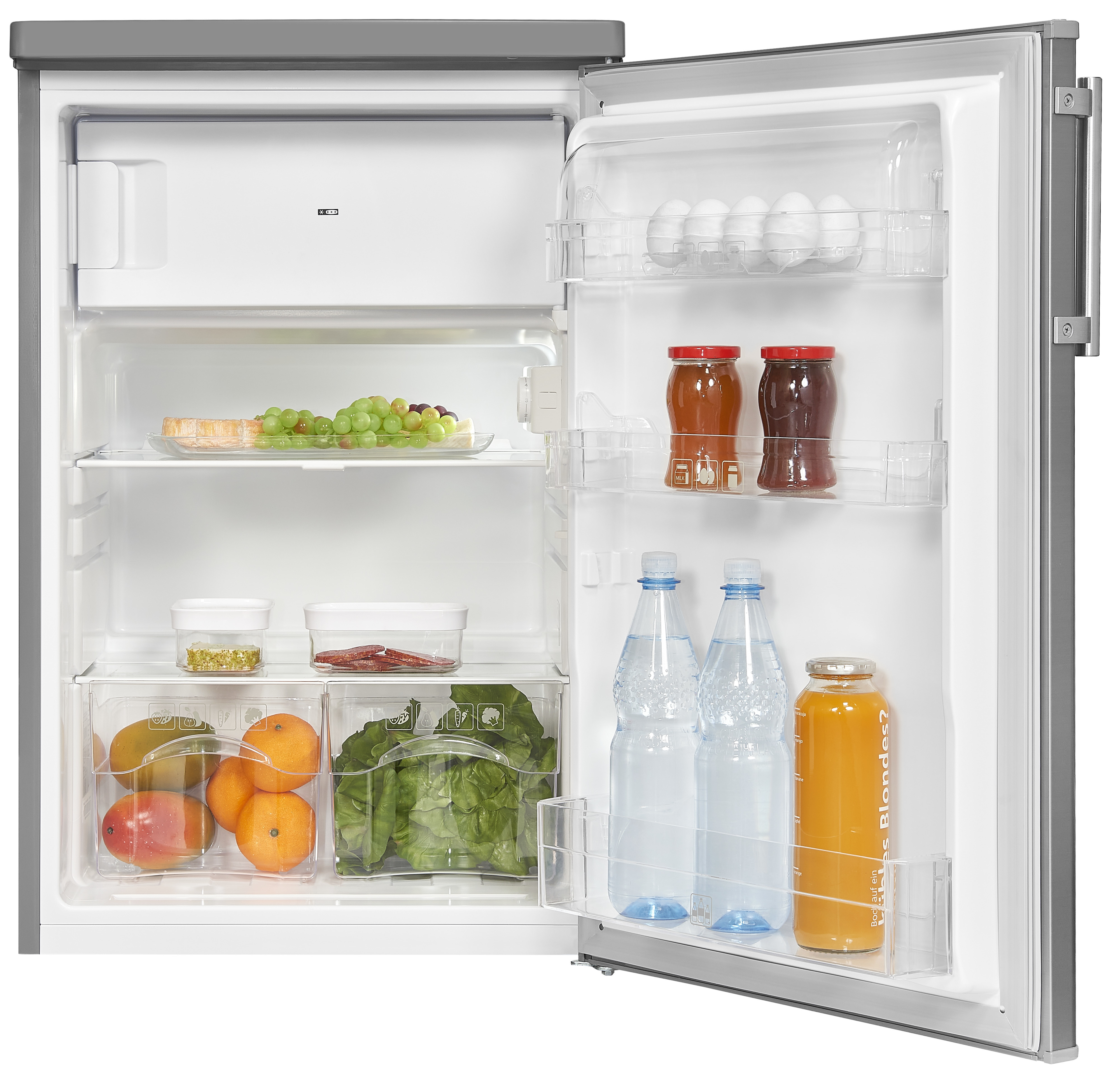 Ein offener Kühlschrank gefüllt mit Obst, Gemüse, Getränken, Jars und Eiern.