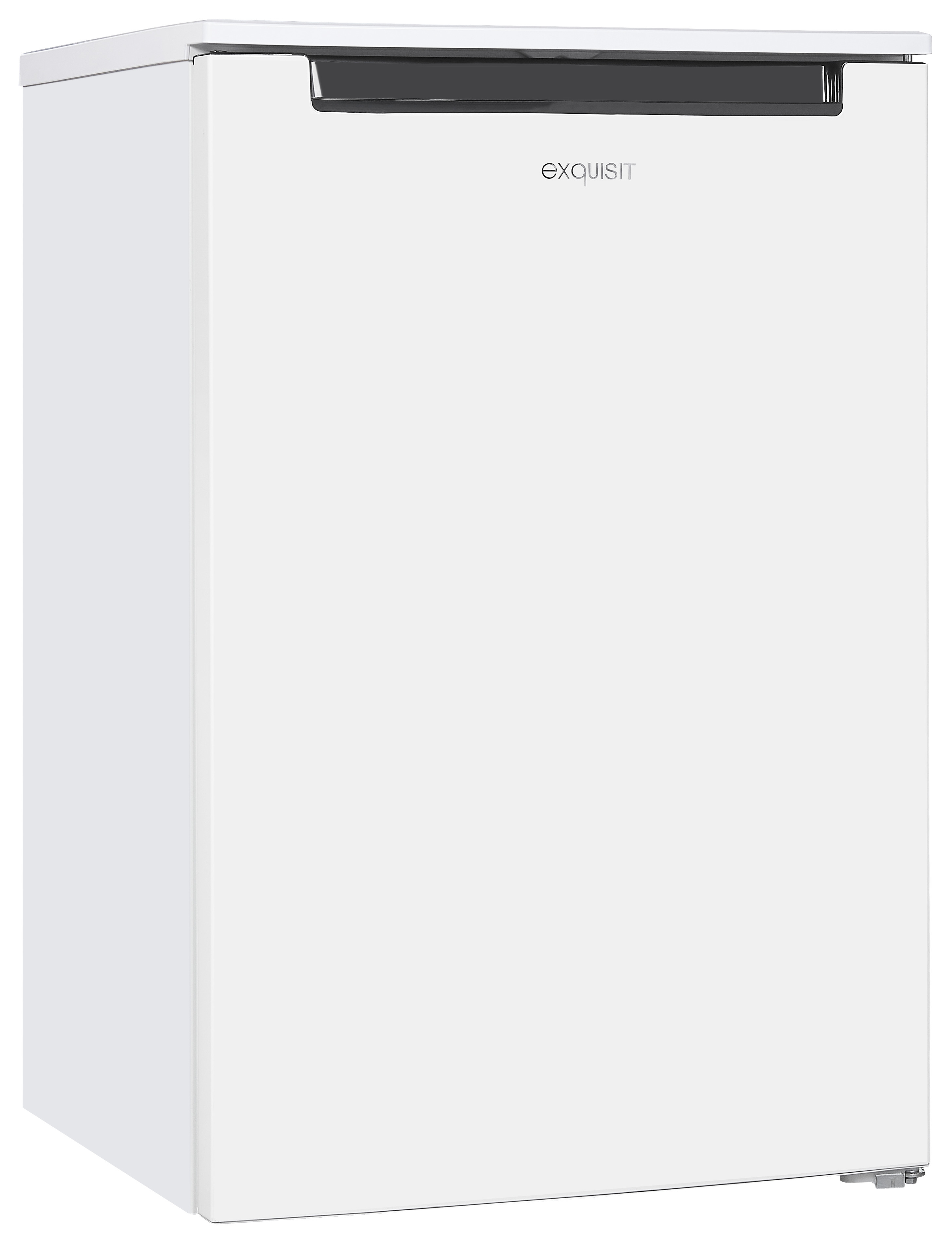 Un réfrigérateur compact blanc Exquisit avec poignée noire sur fond neutre.