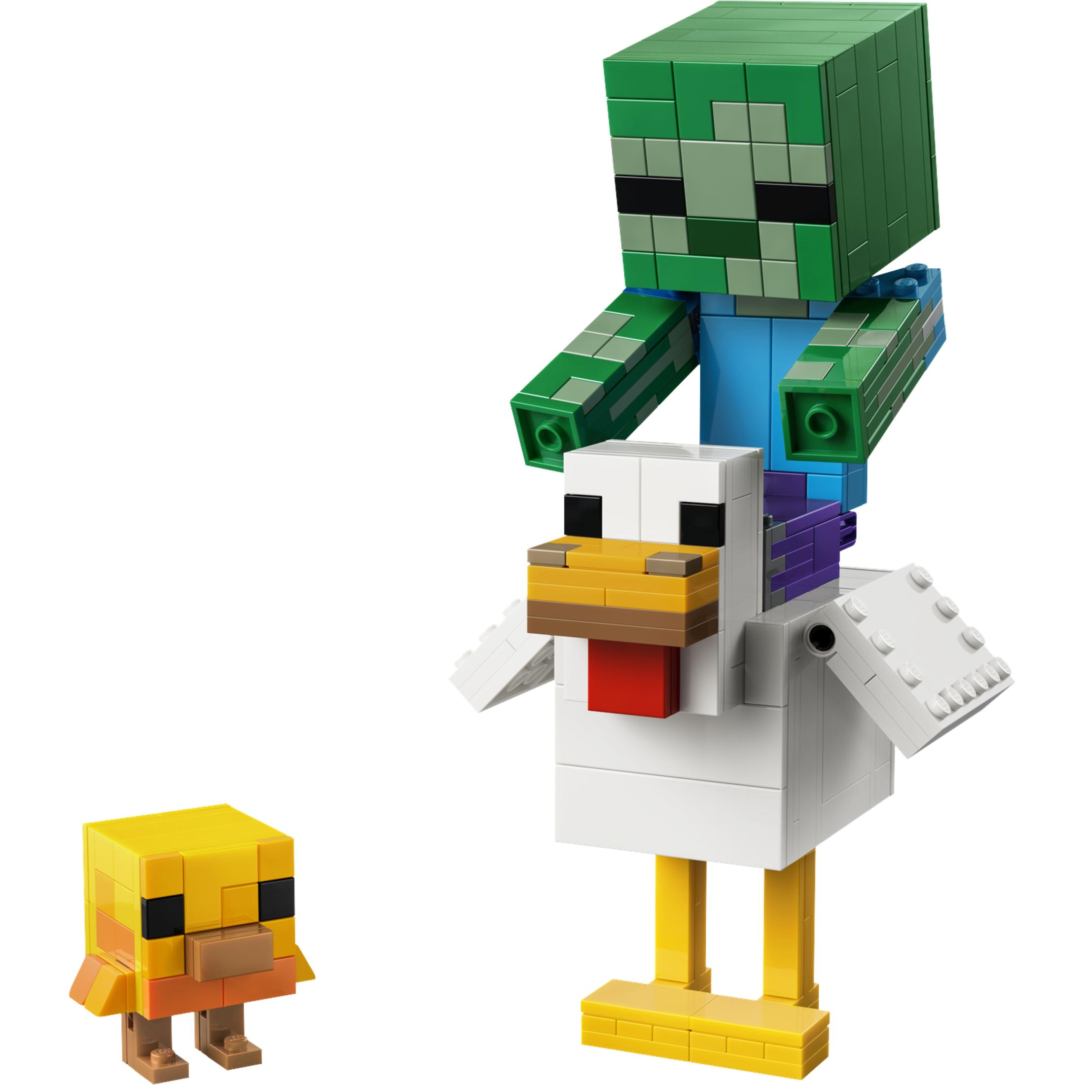 Jinete de pollo de Lego Minecraft con un zombi montando un pollo blanco y un pollito amarillo.