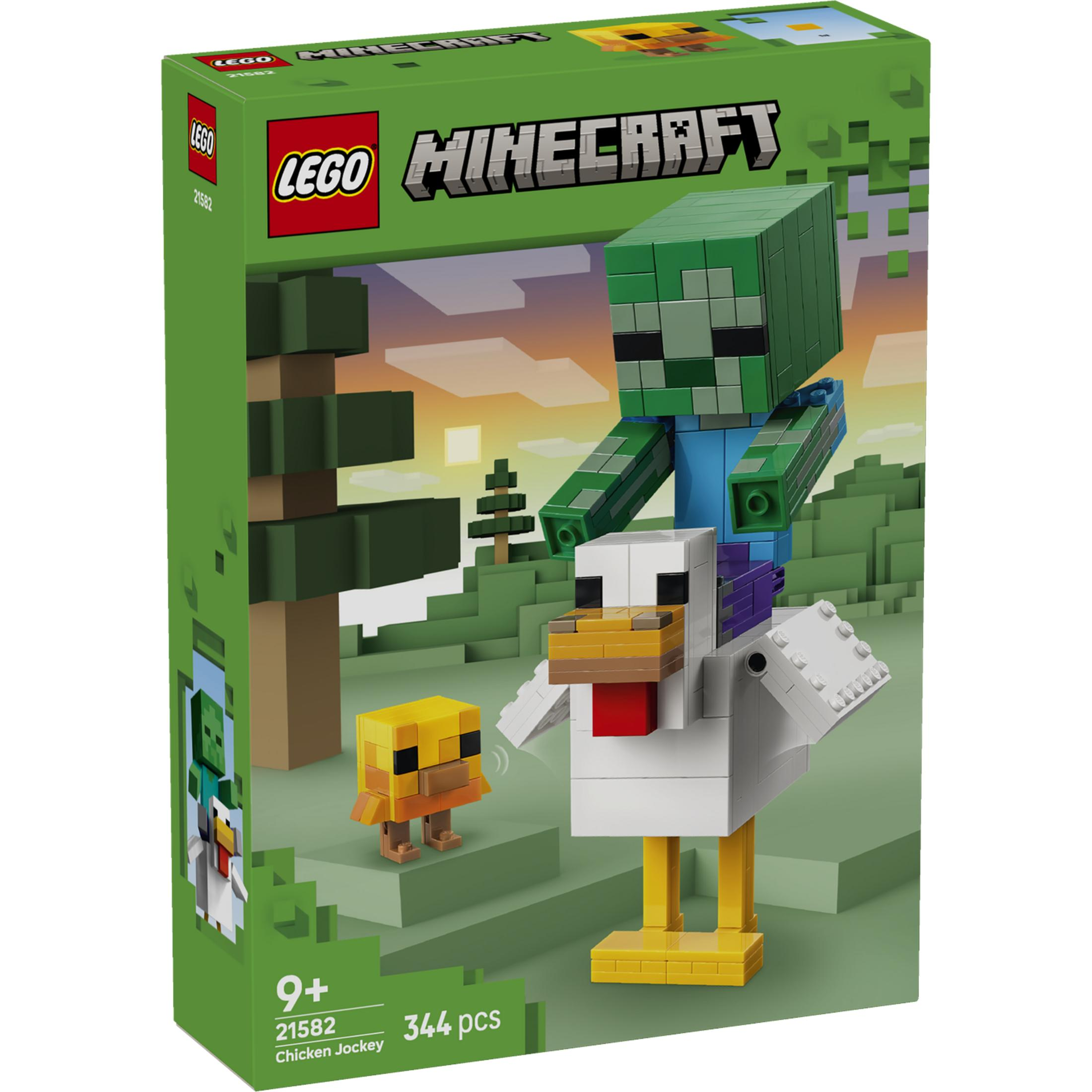 Set Lego Minecraft El jinete de gallina muestra un zombi en una gran gallina blanca con un pollito.