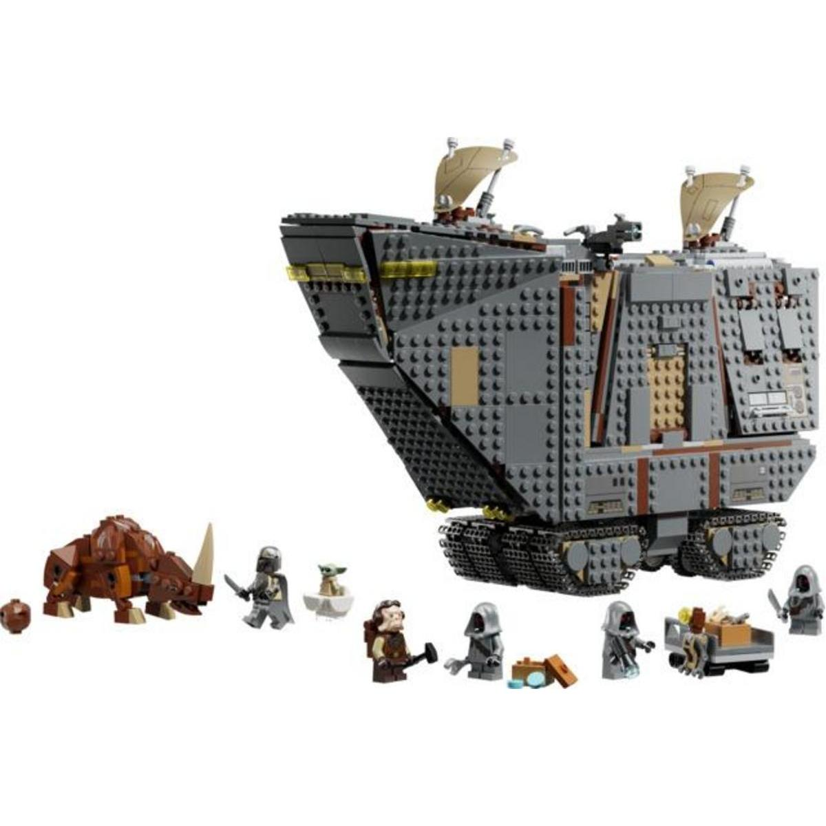 Set de Lego Star Wars con un gran vehículo oruga gris, una criatura marrón, varias minifiguras y accesorios.