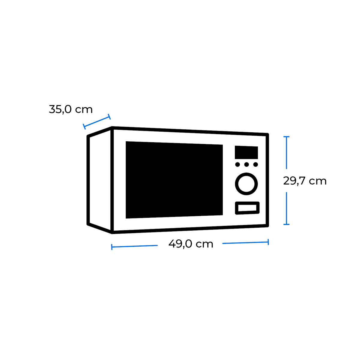 Diagrama de un microondas con dimensiones de 49.0 cm de ancho, 29.7 cm de alto y 35.0 cm de profundidad.