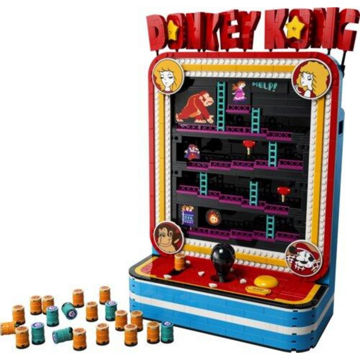 Een Lego Donkey Kong arcadekastset met kleine tonnen en iconische charactergraphics.