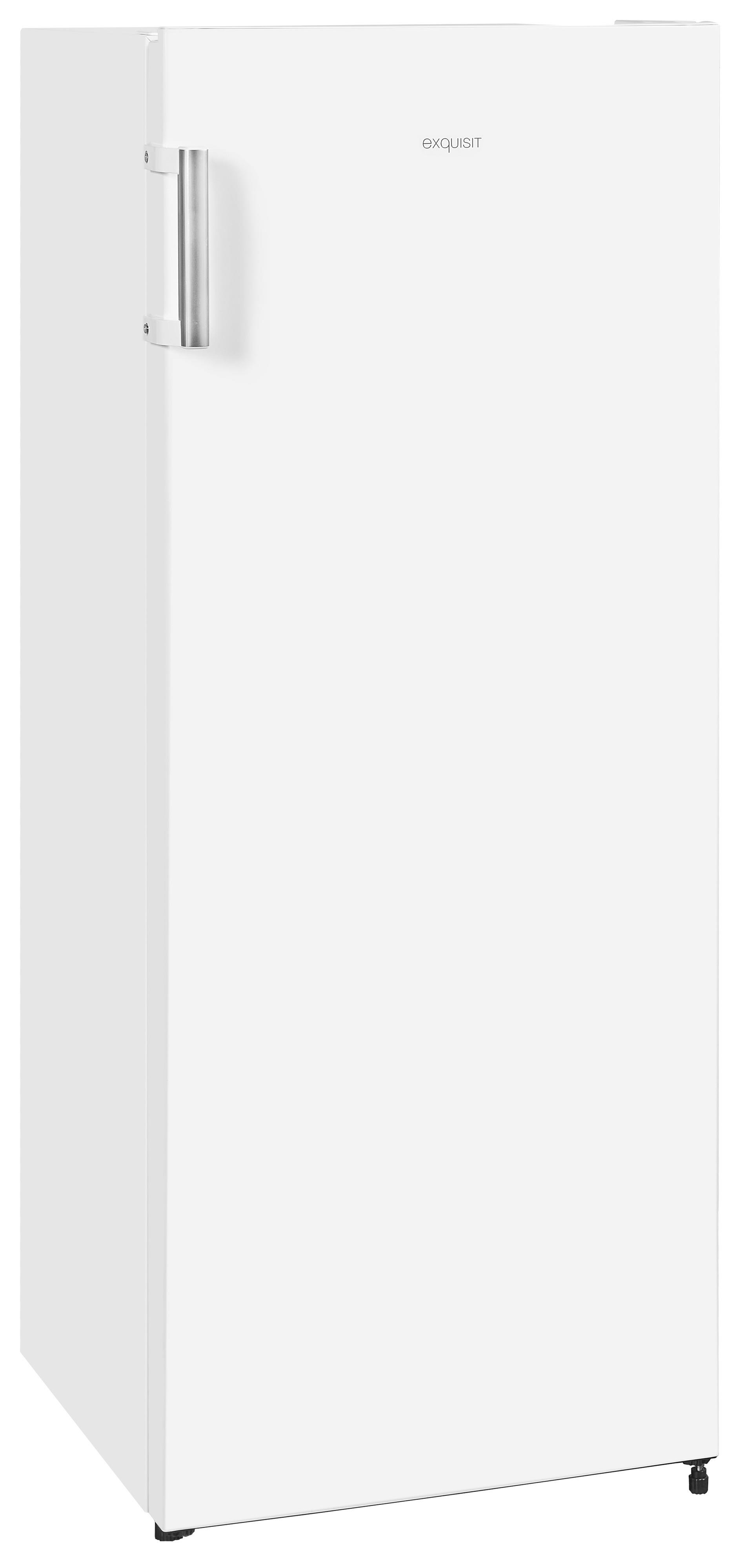 Ein weißer Exquisit-Kühlschrank mit einem großen silbernen Griff auf weißem Hintergrund.