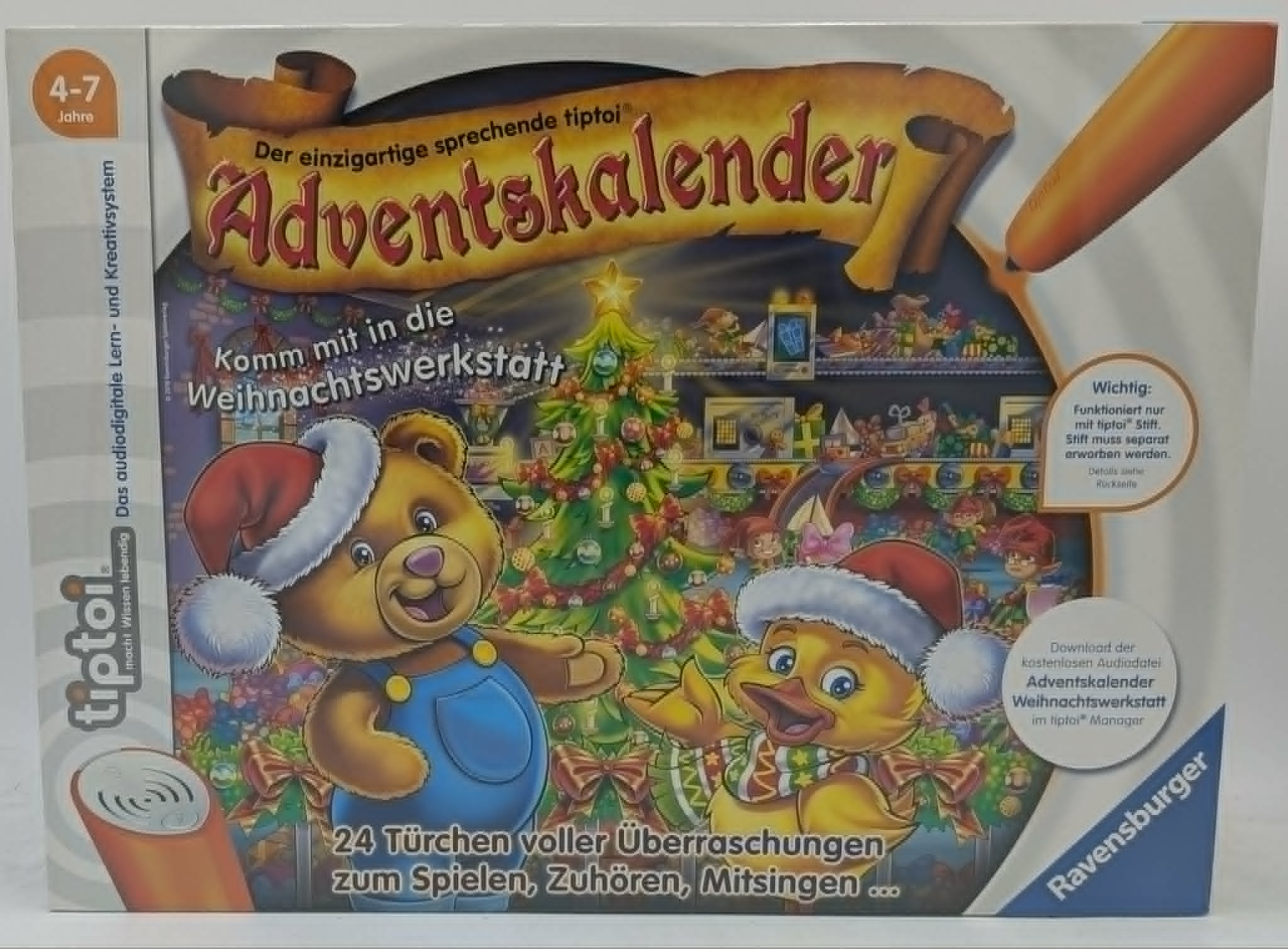 Ravensburger Tiptoi Adventskalender mit Bär, Ente und Weihnachtsbaum in einer Werkstatt.