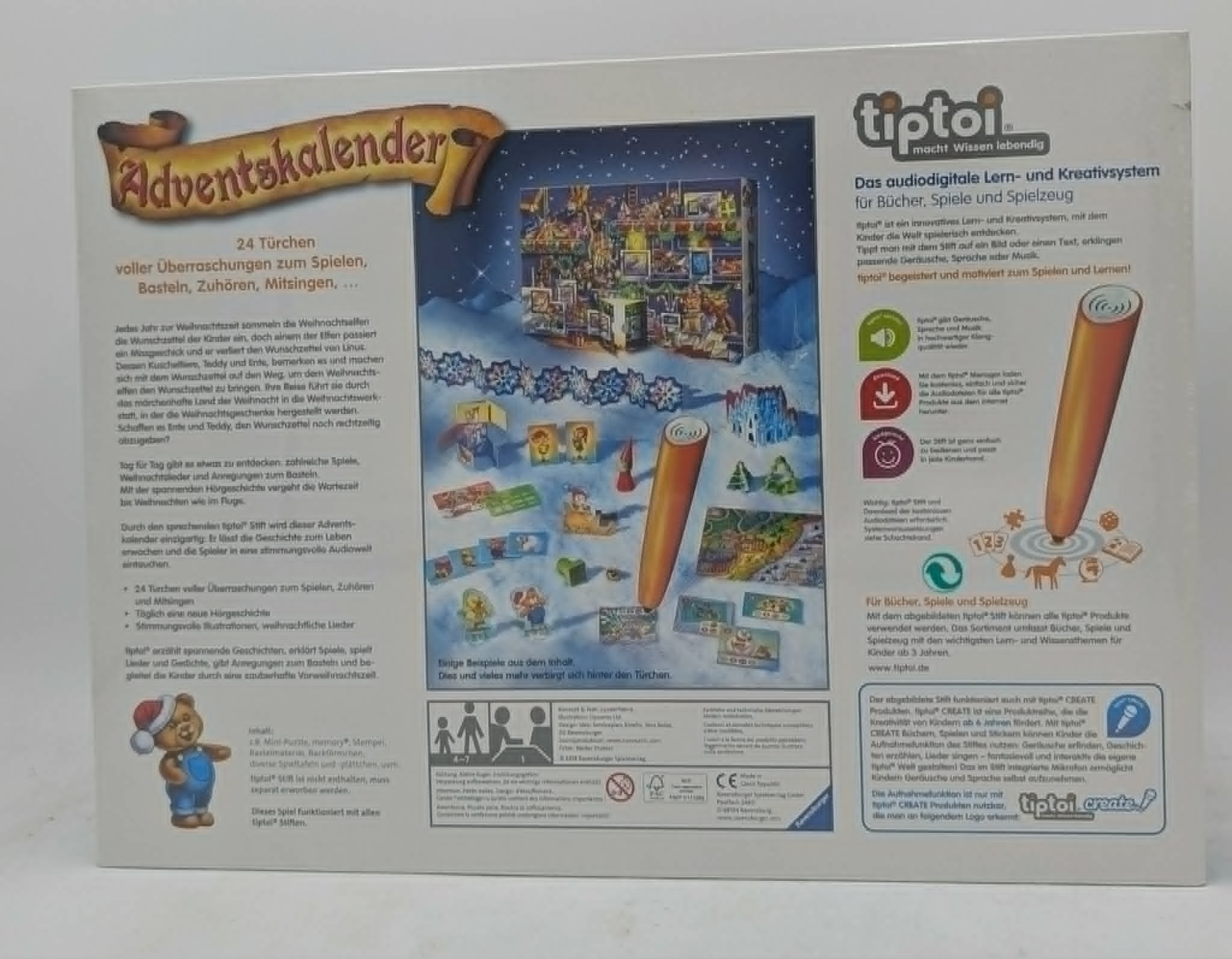 Die Rückseite einer Tiptoi Adventskalenderverpackung mit Text, Bildern und dem Orangen Stift.