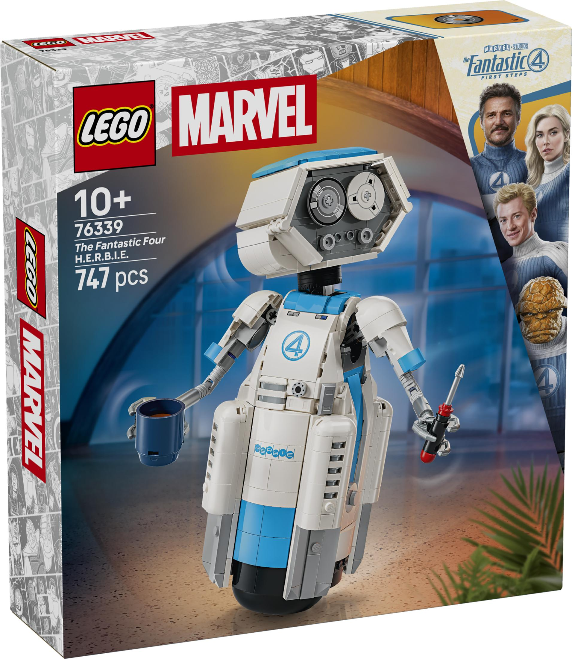 H.E.R.B.I.E. robot figürlü, mavi-beyaz tuğlalı, kupalı ve aletli LEGO Marvel kutusu.